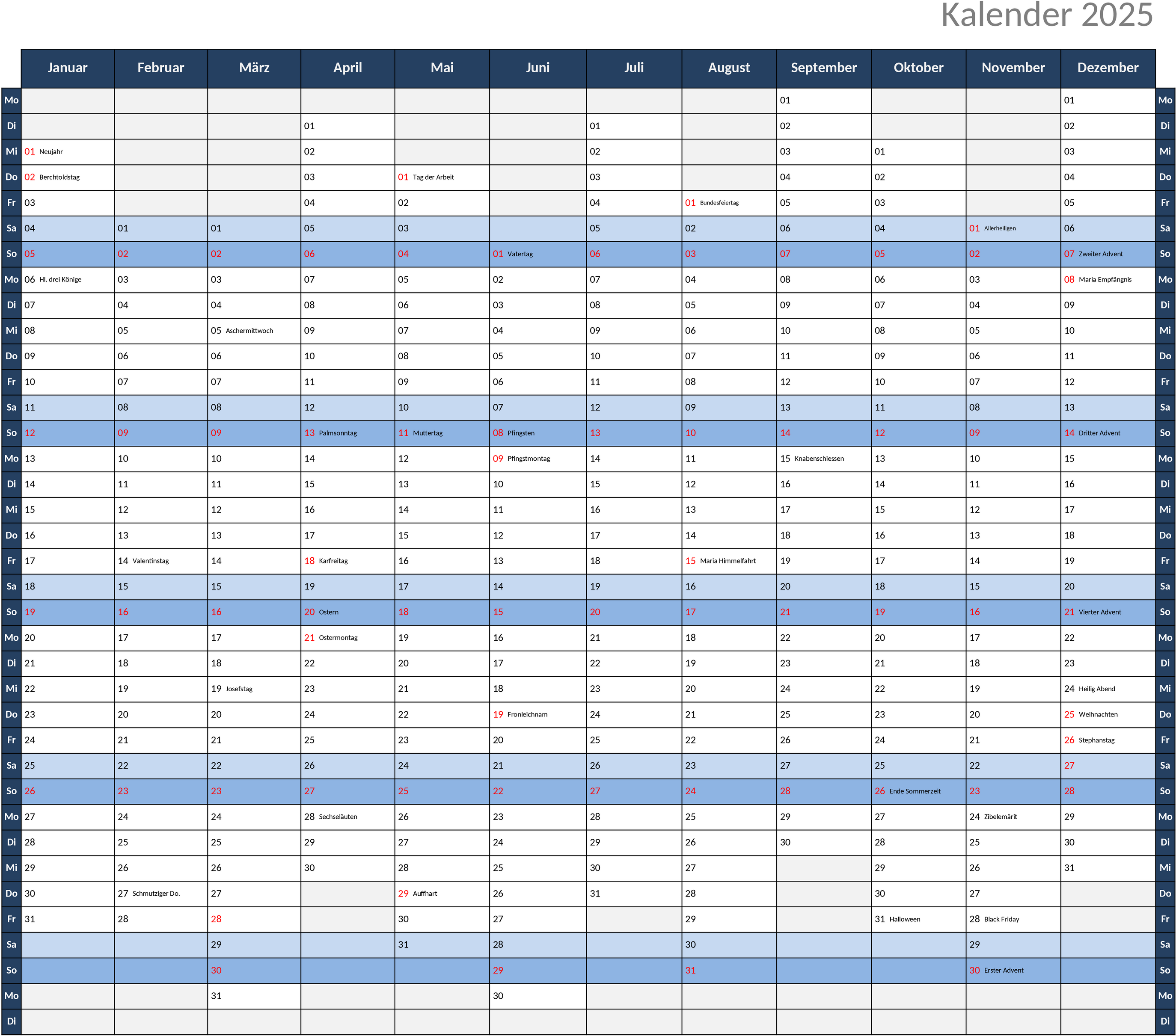 Excel-Vorlage für Kalender 2025 im Querformat