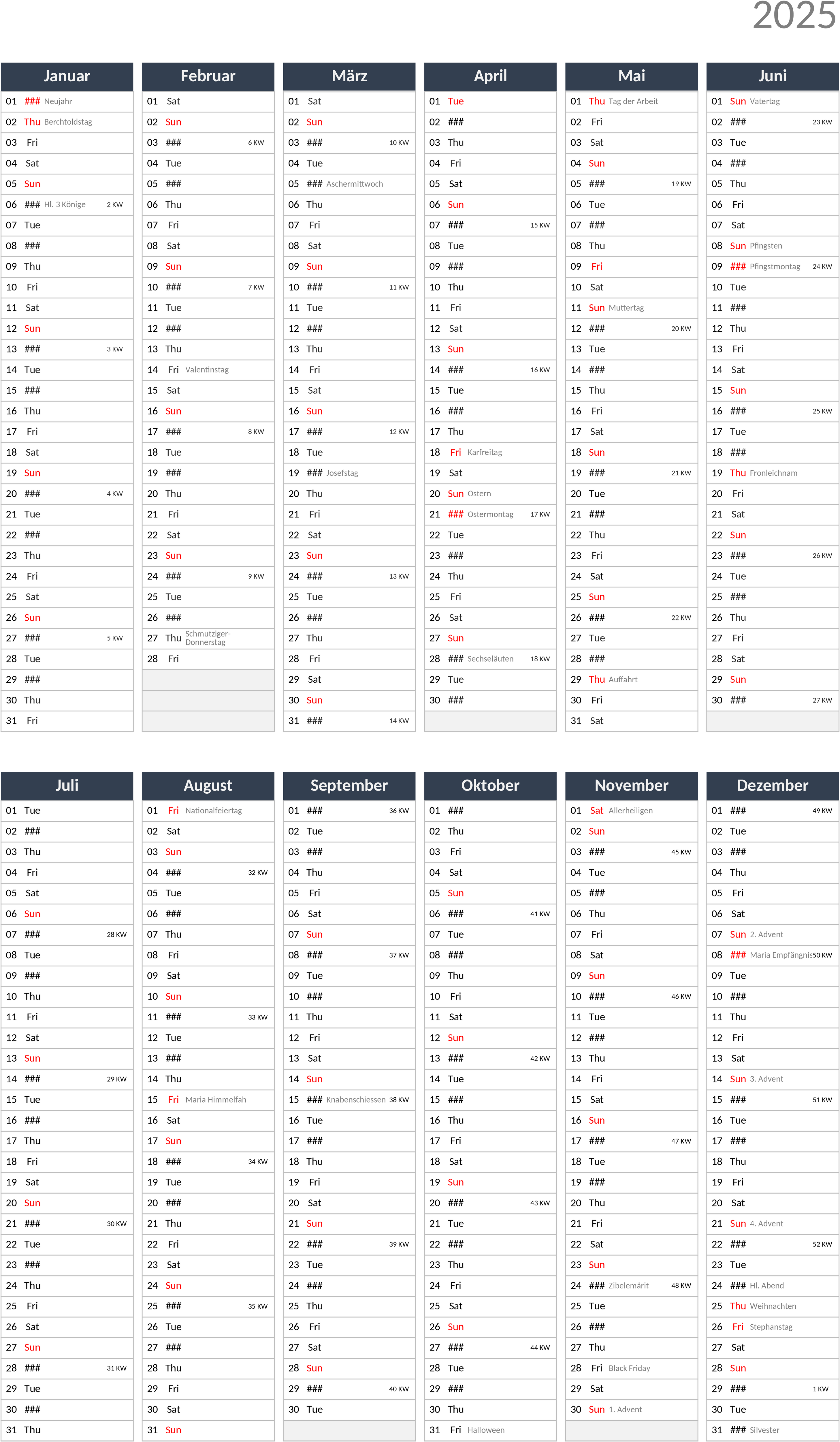 Kalender-Excel-Vorlage 2025 Hochformat