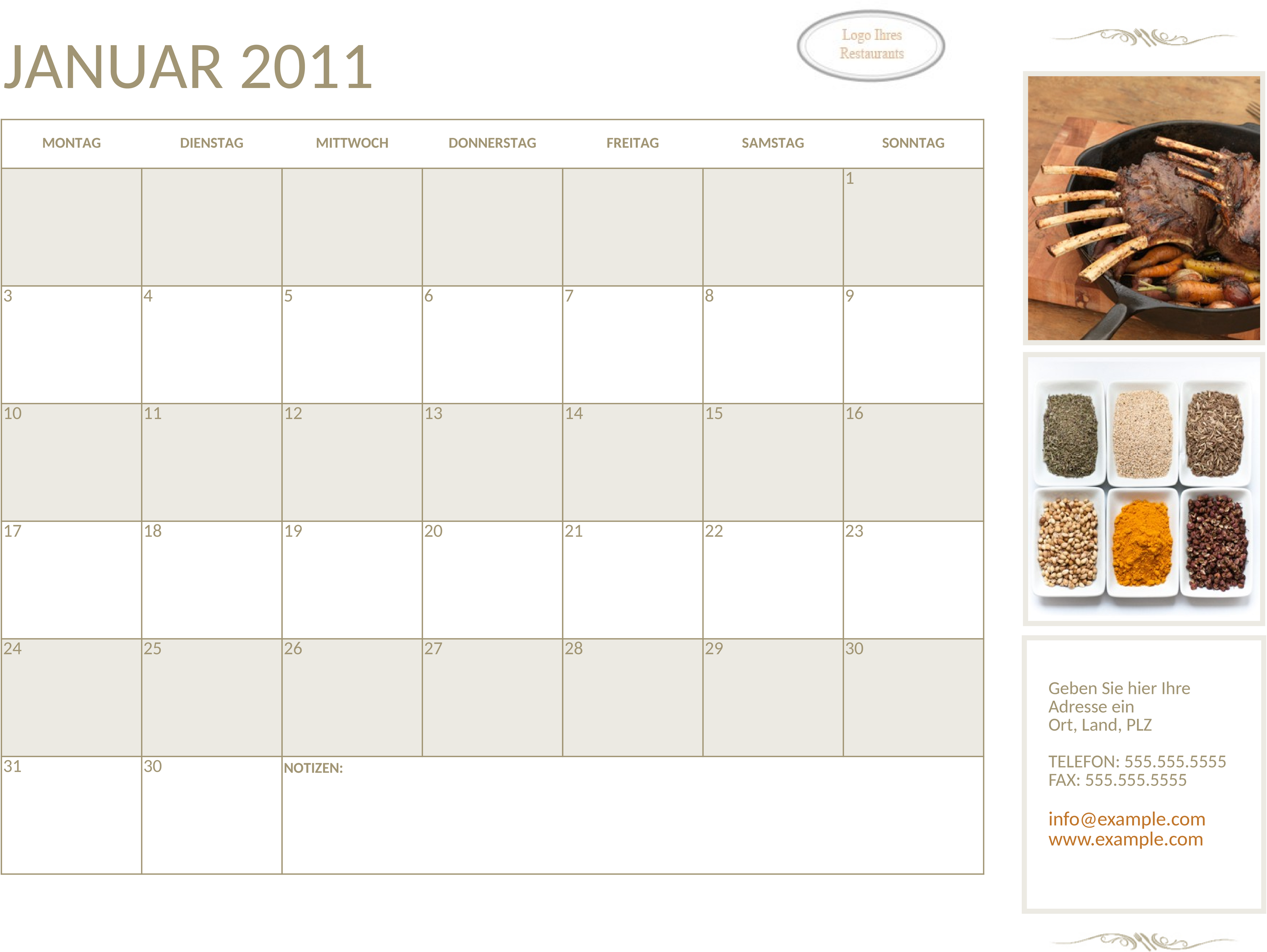 Excel-Vorlage für Restaurant-Kalender