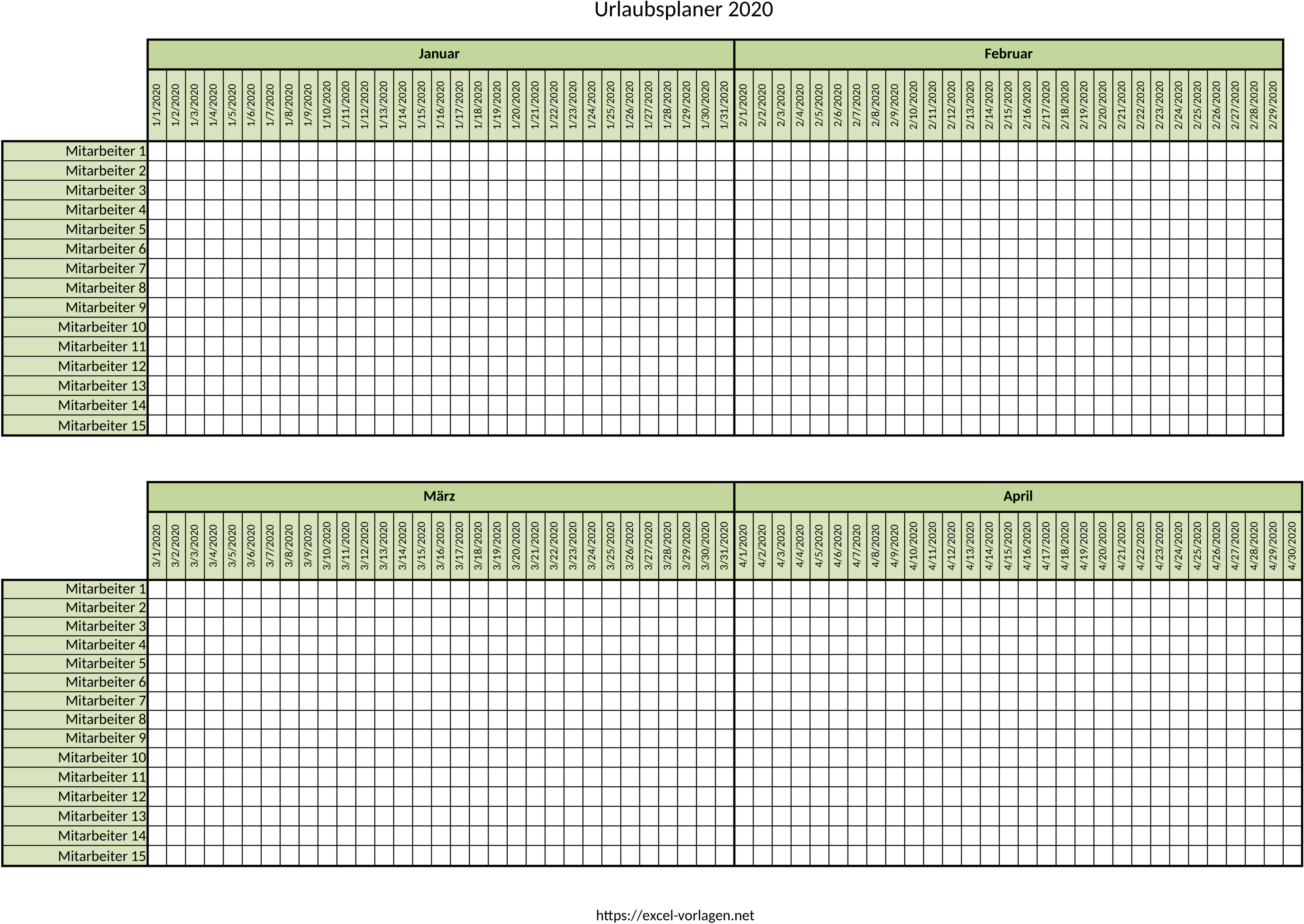 Excel-Vorlage für Kalender und Urlaubsplanung 2020 mit 15 Mitarbeitern