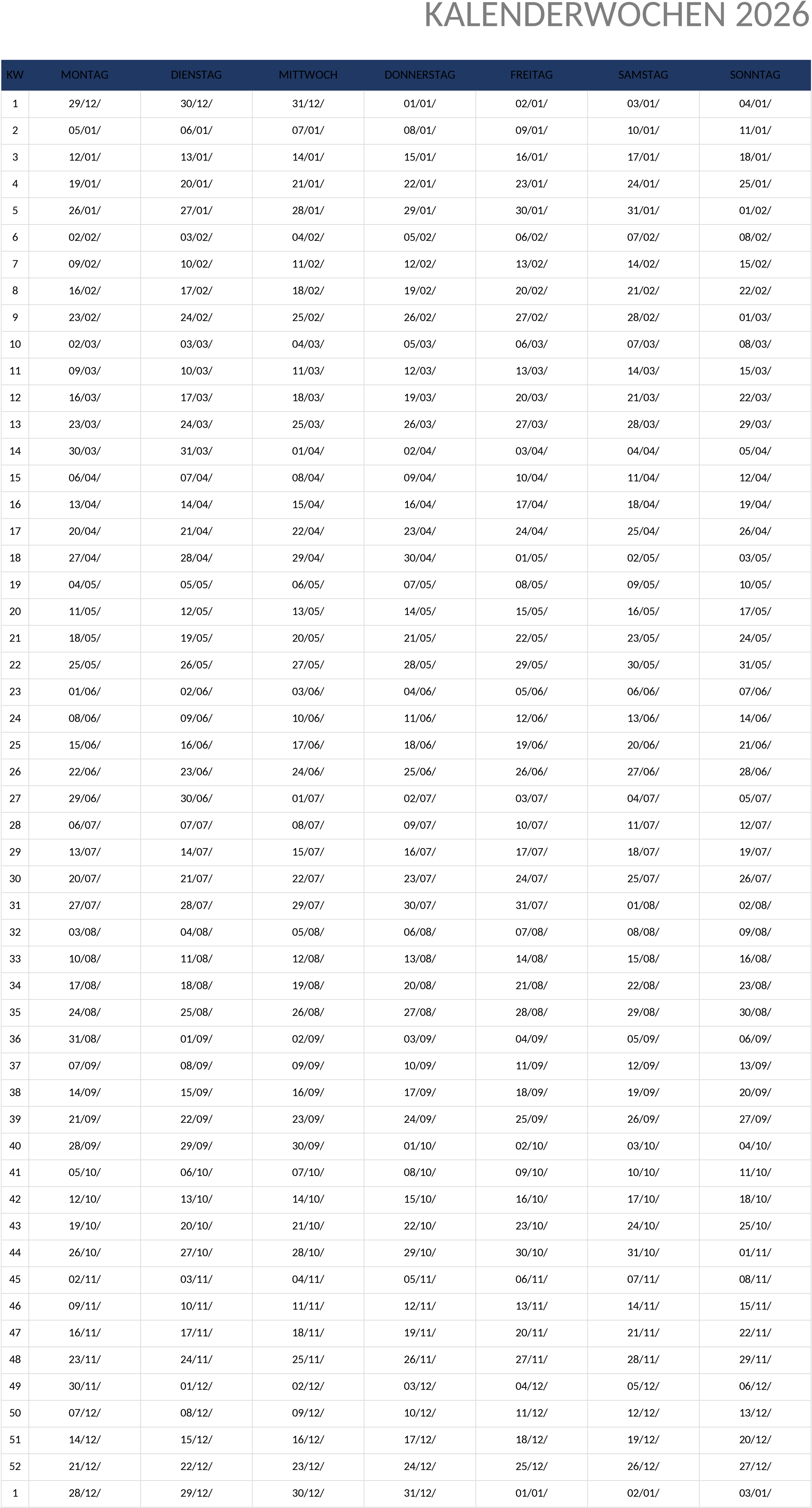 Excel-Vorlage für Kalenderwochen 2026 in der Schweiz