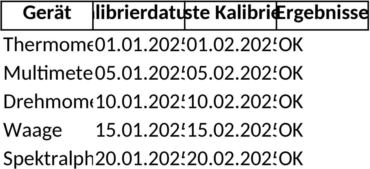 Excel-Vorlage für Kalibrierprotokoll