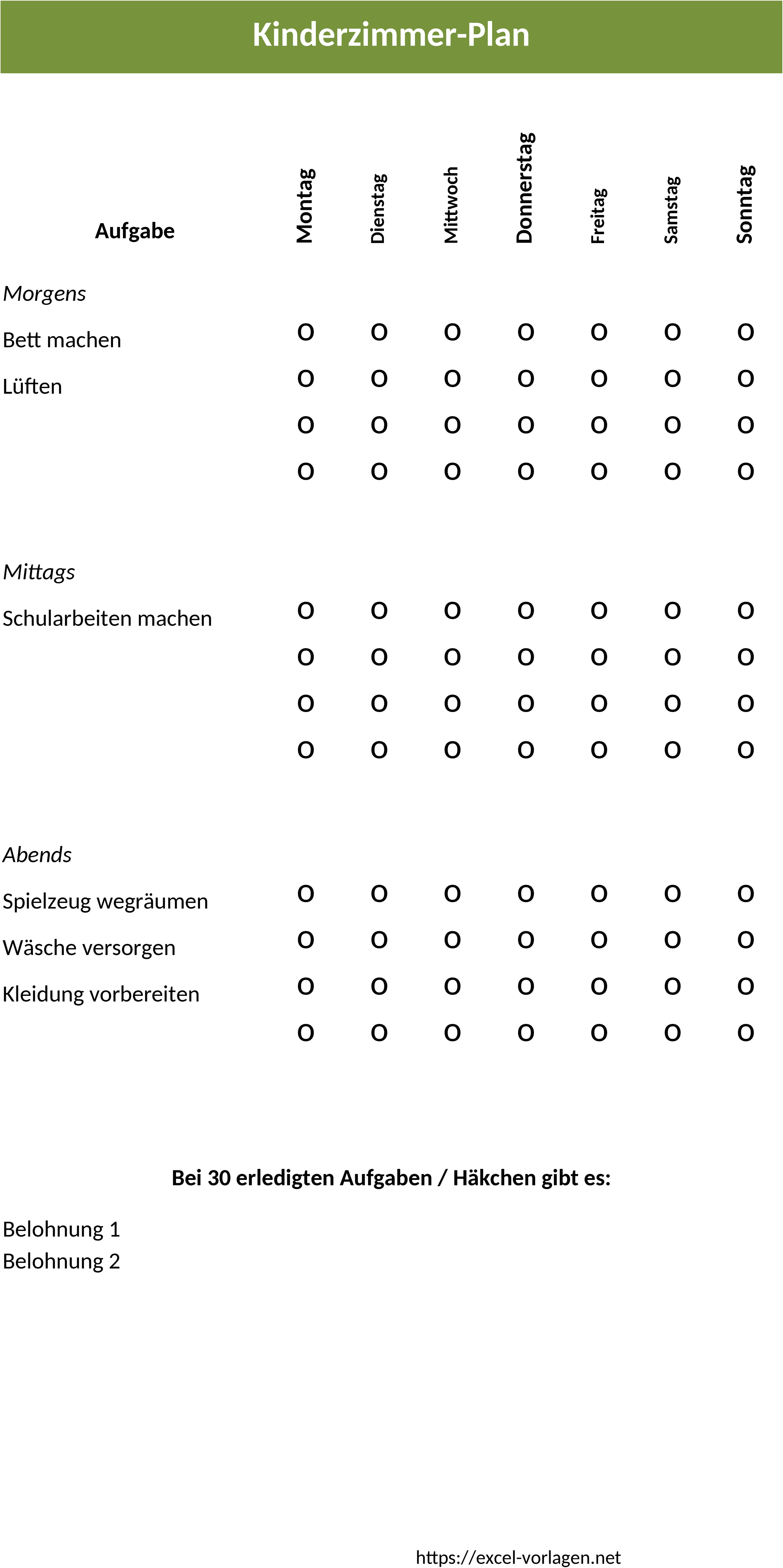 Excel-Vorlage für Kinderzimmer-Aufräumplan