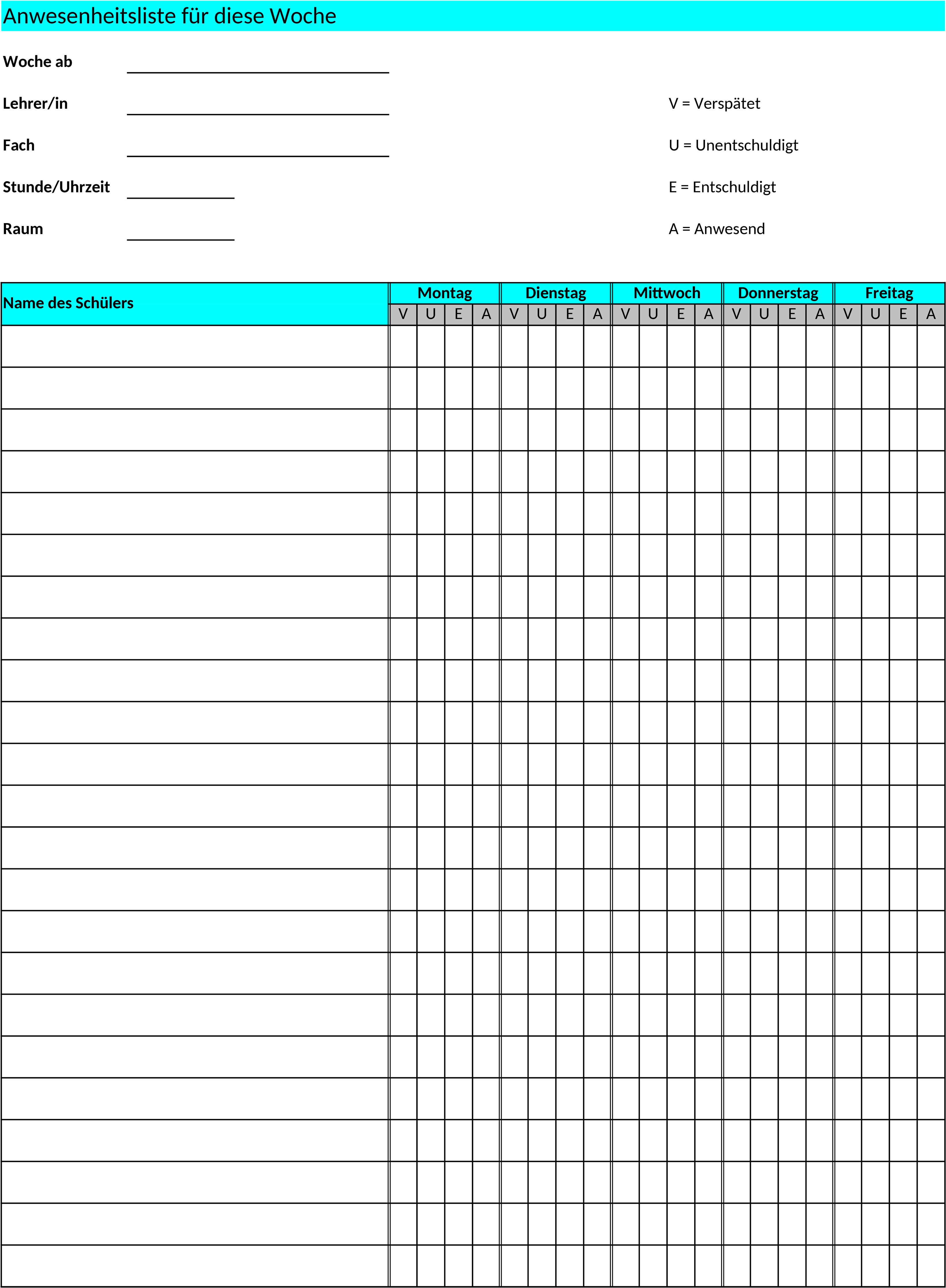 Excel-Vorlage für Klassenanwesenheitsbericht