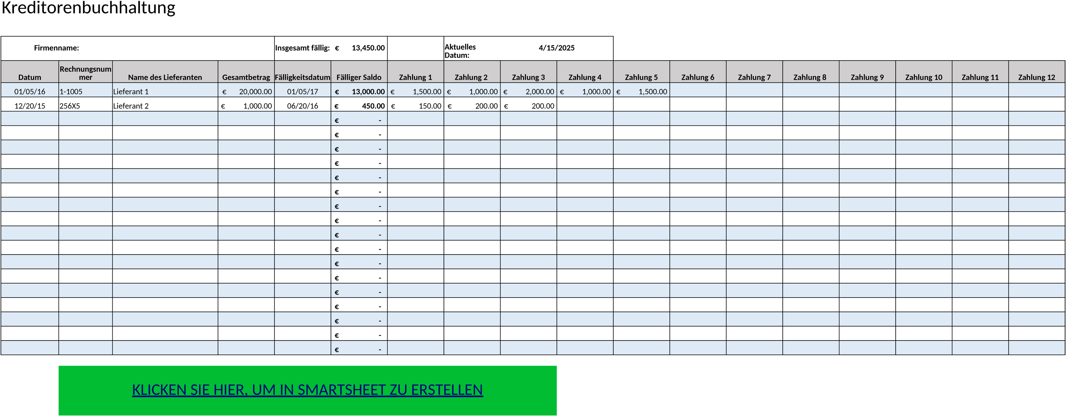 Excel-Vorlage: Kreditorenbuchhaltung für Unternehmen