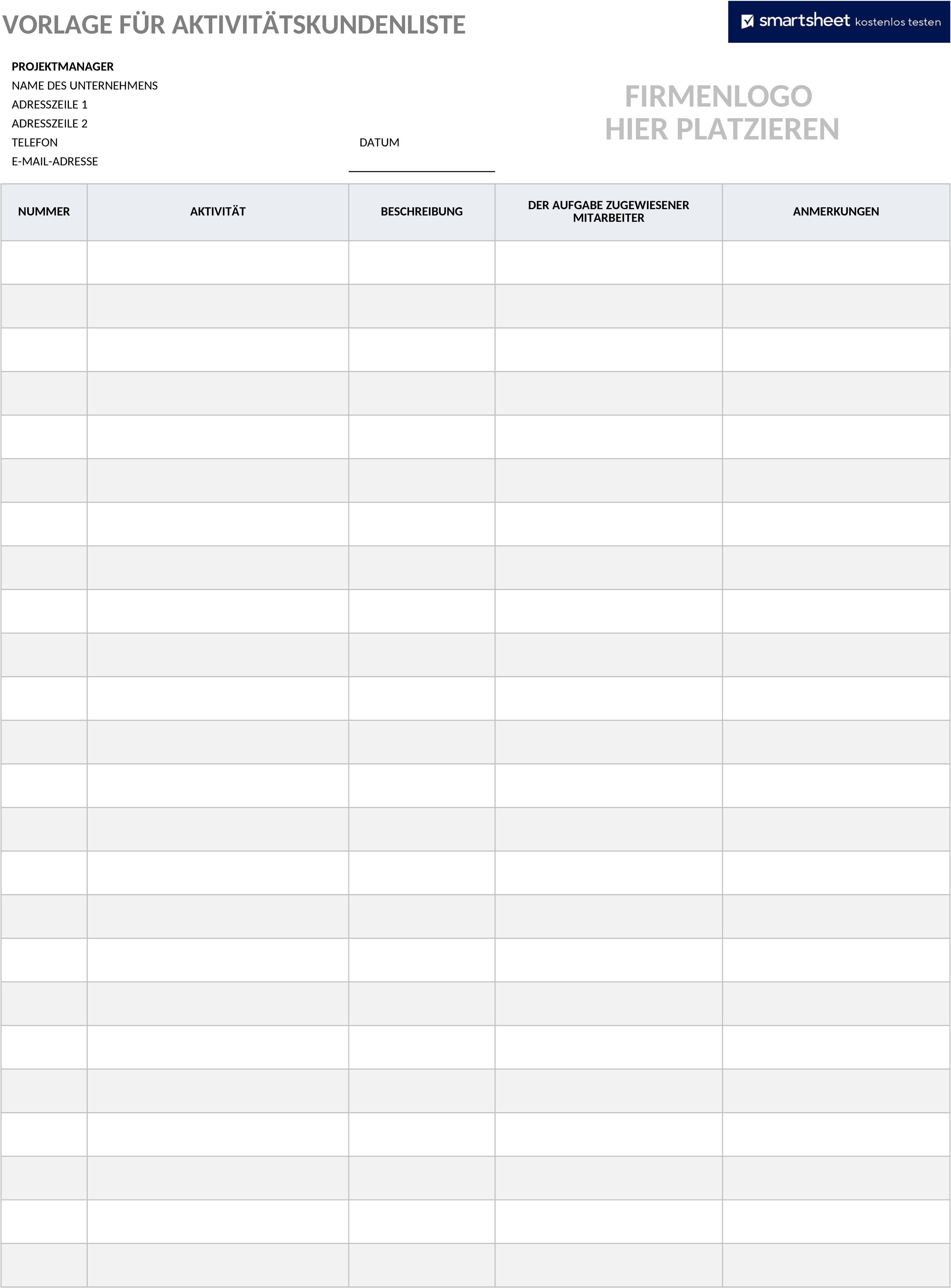 Excel-Vorlage zur Kundenaktivitätsliste