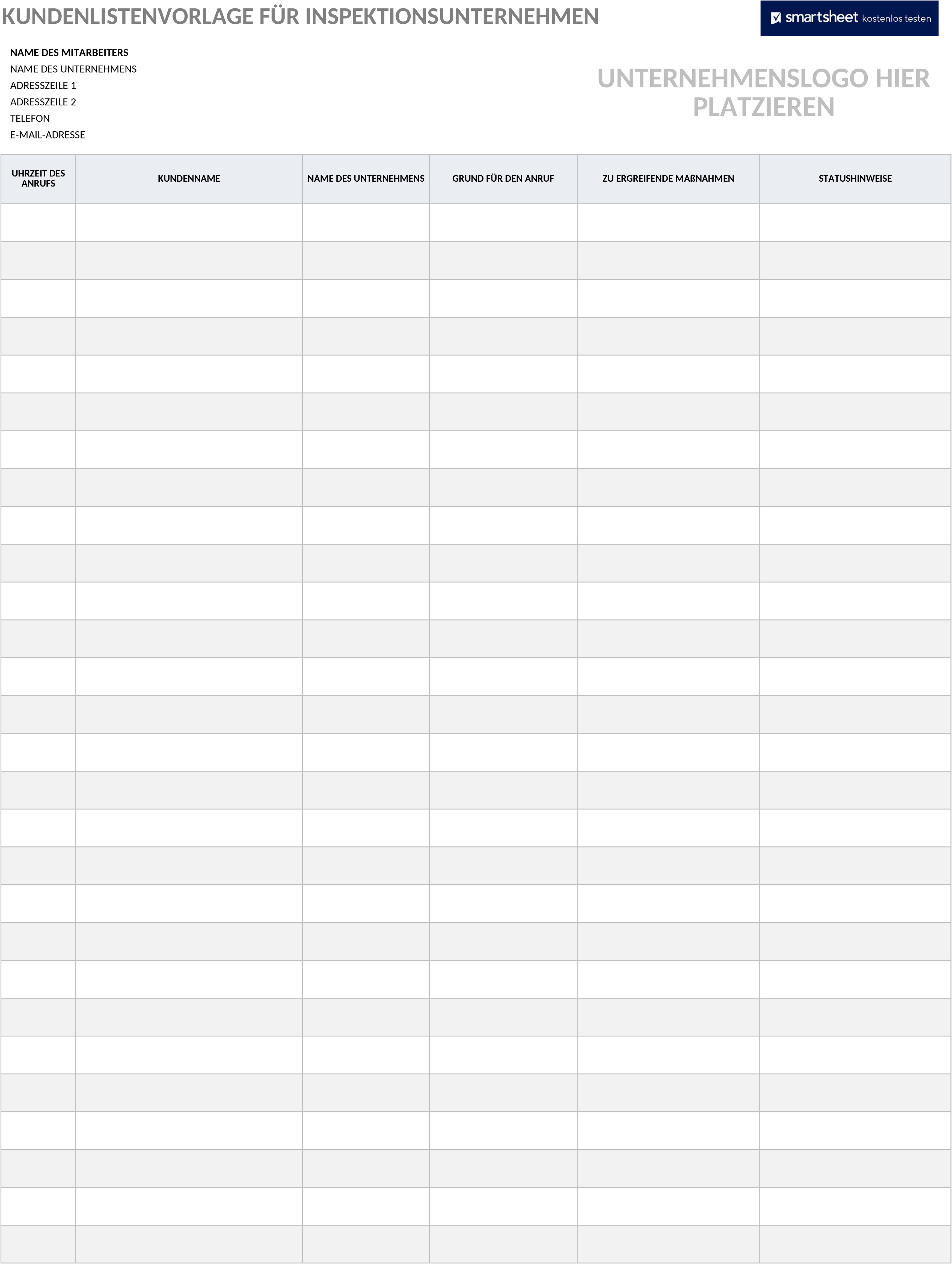 Excel-Vorlage: Kundenliste für Inspektionsunternehmen