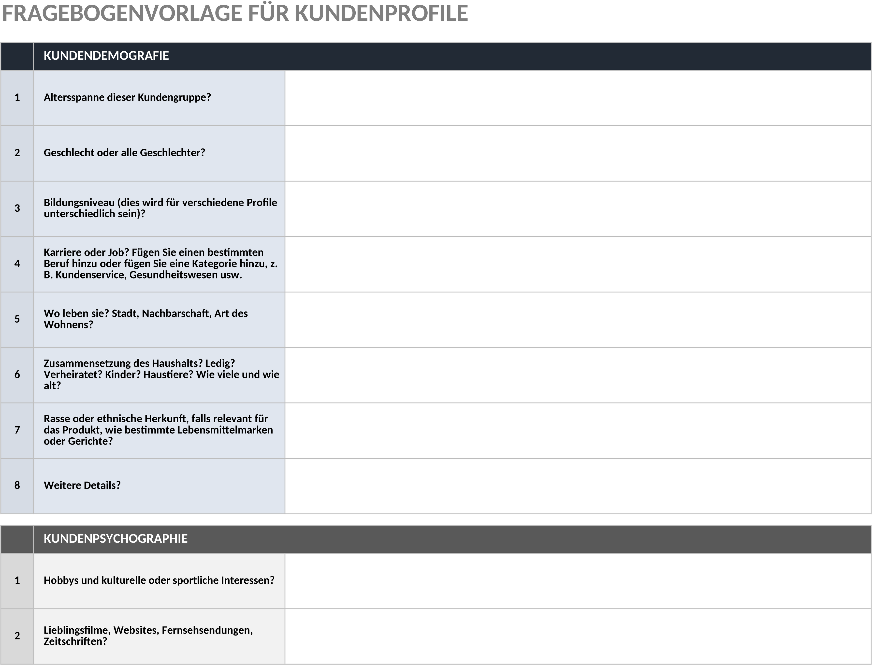 Excel-Vorlage für Kundenprofilfragebogen