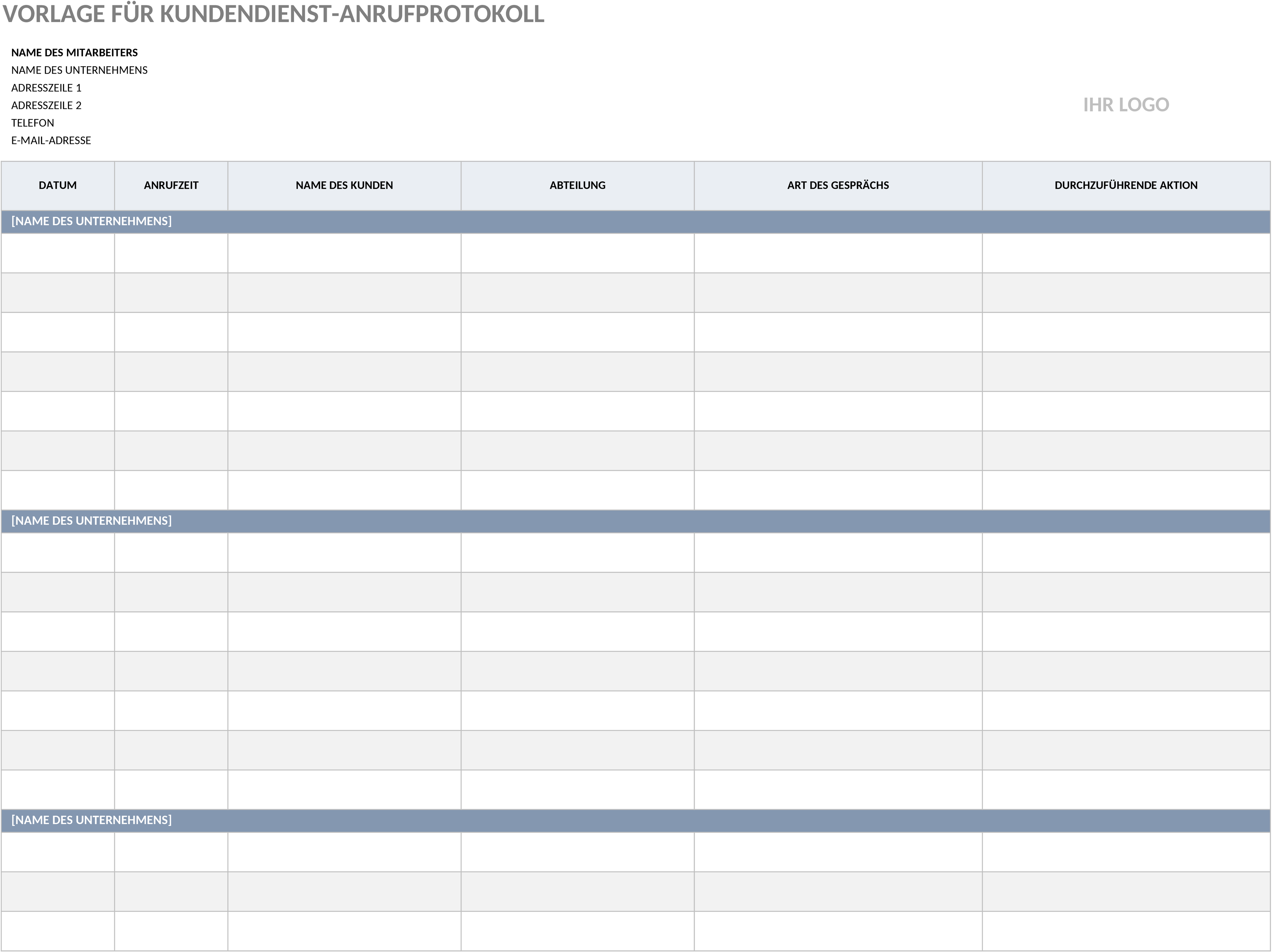 Excel-Vorlage für Kundenservice-Anrufprotokollierung
