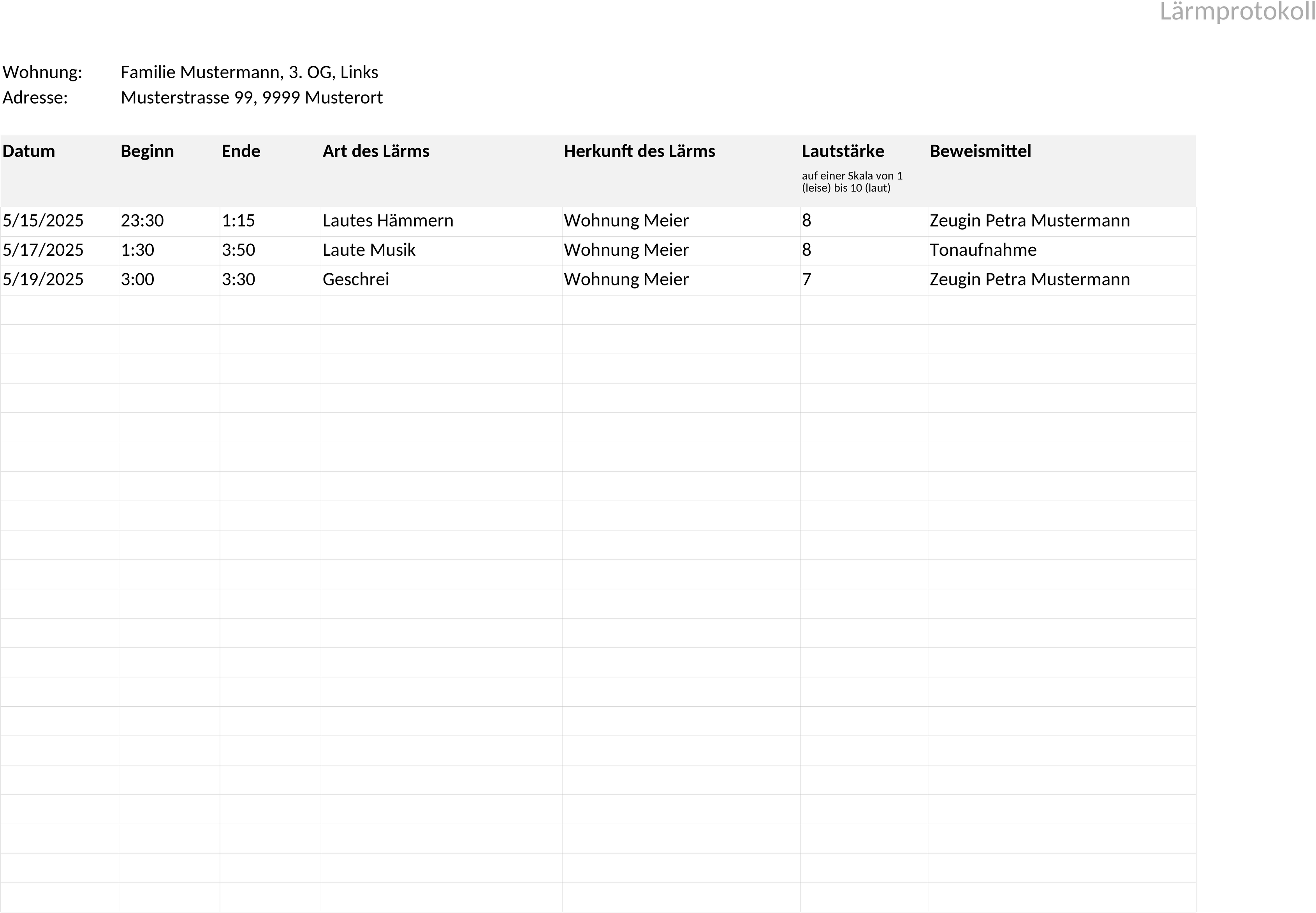 Excel-Vorlage zur Lärmprotokollierung