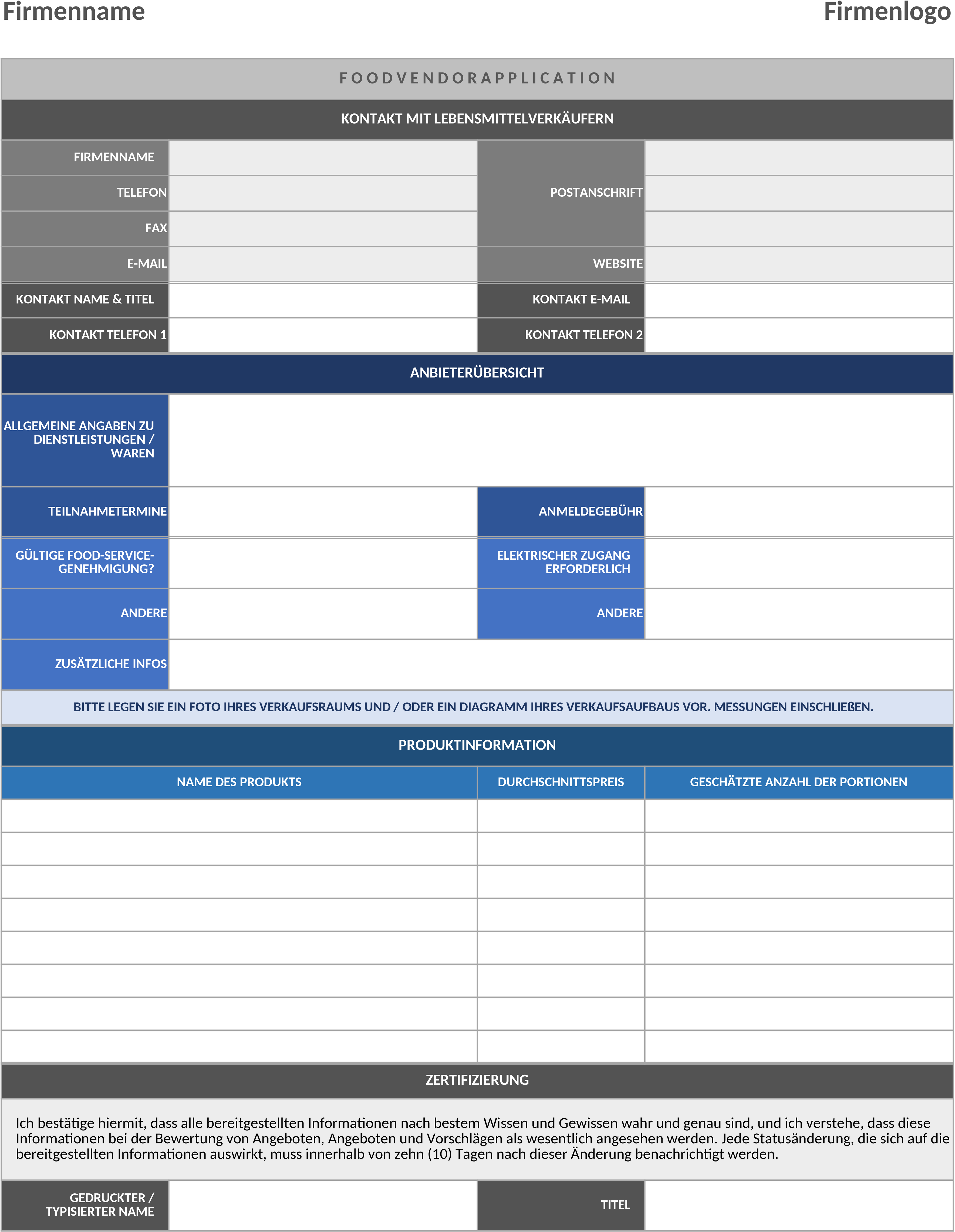 Excel-Vorlage für Lebensmittelanbieter-Anträge