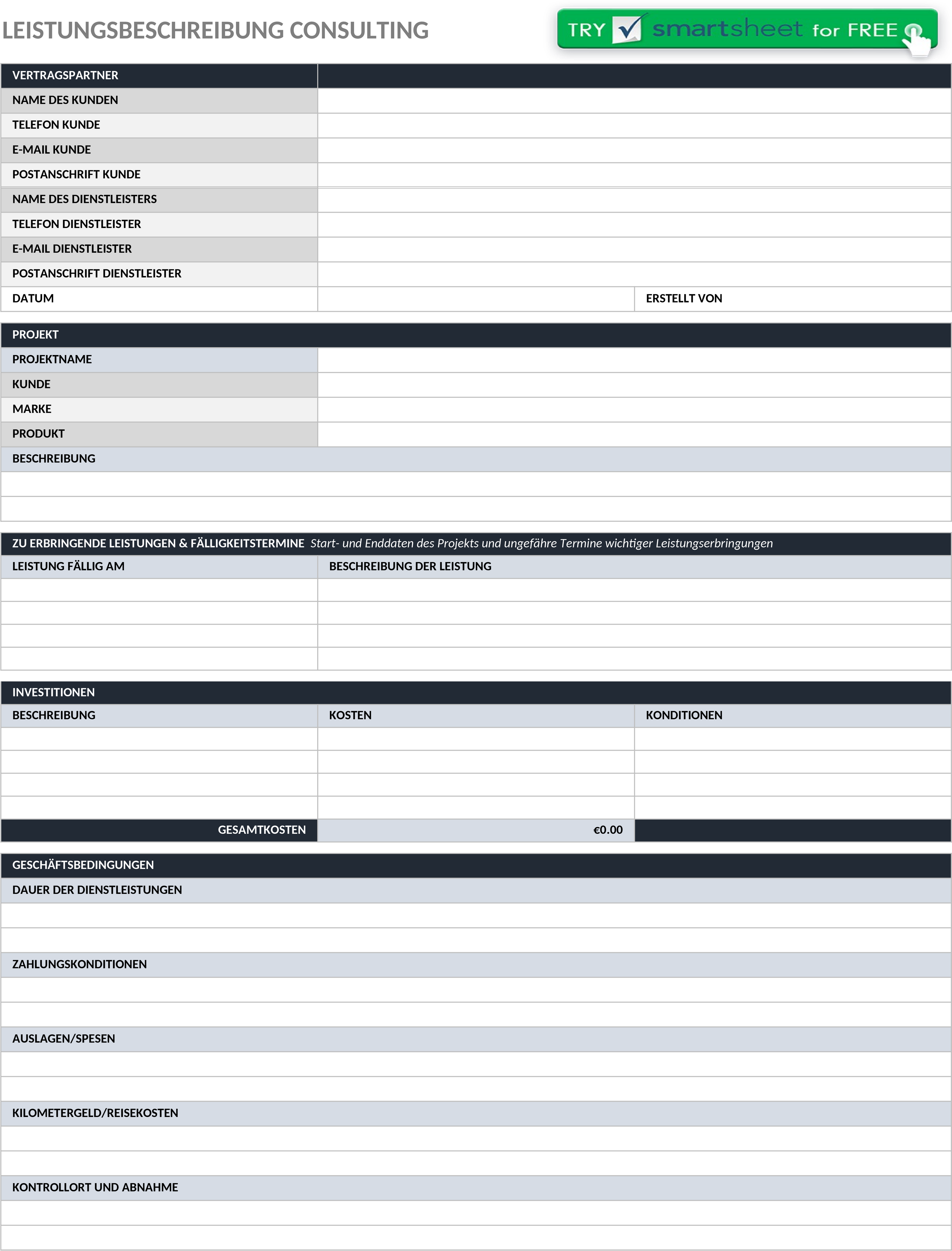 Excel-Vorlage für Leistungsbeschreibung im Consulting