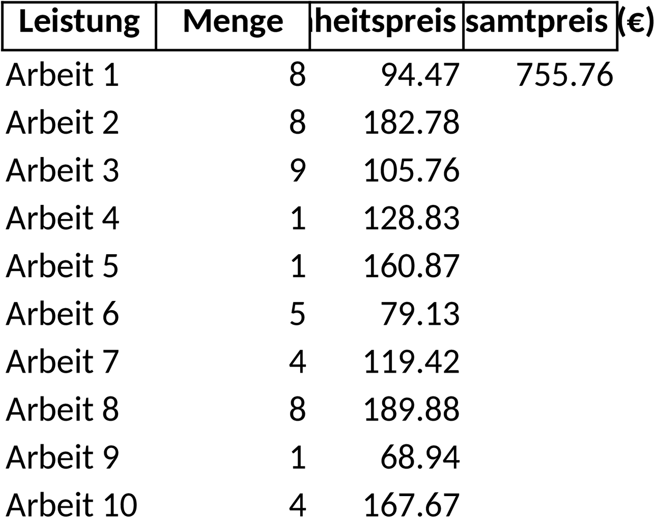 Excel-Vorlage für Leistungsverzeichnis im Bauwesen