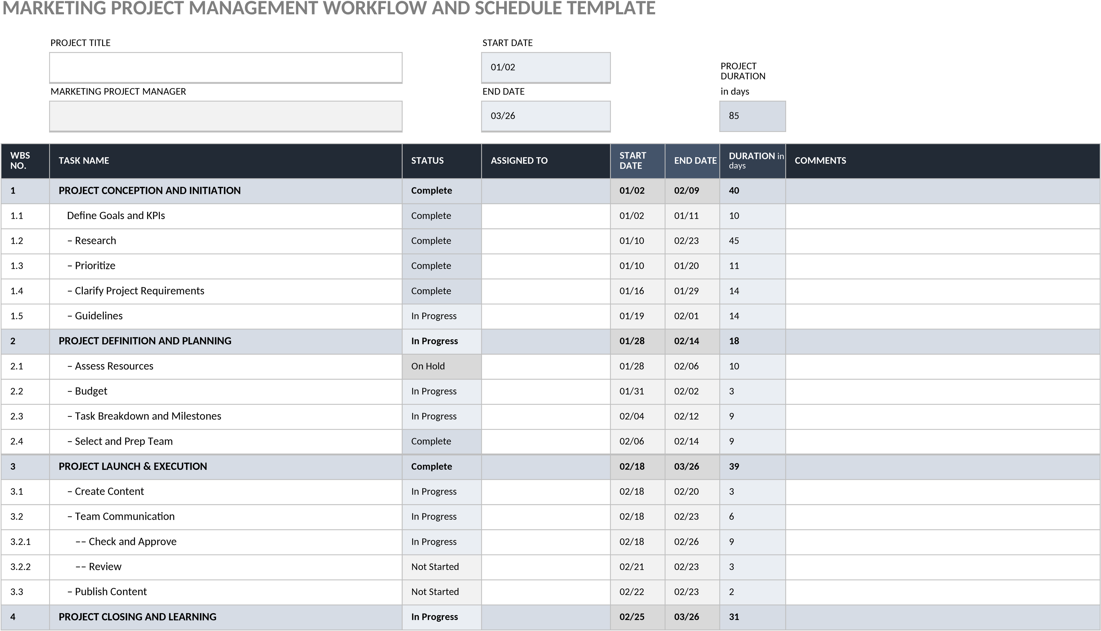 Excel-Vorlage für Marketing-Projektmanagement-Workflow und Zeitplan