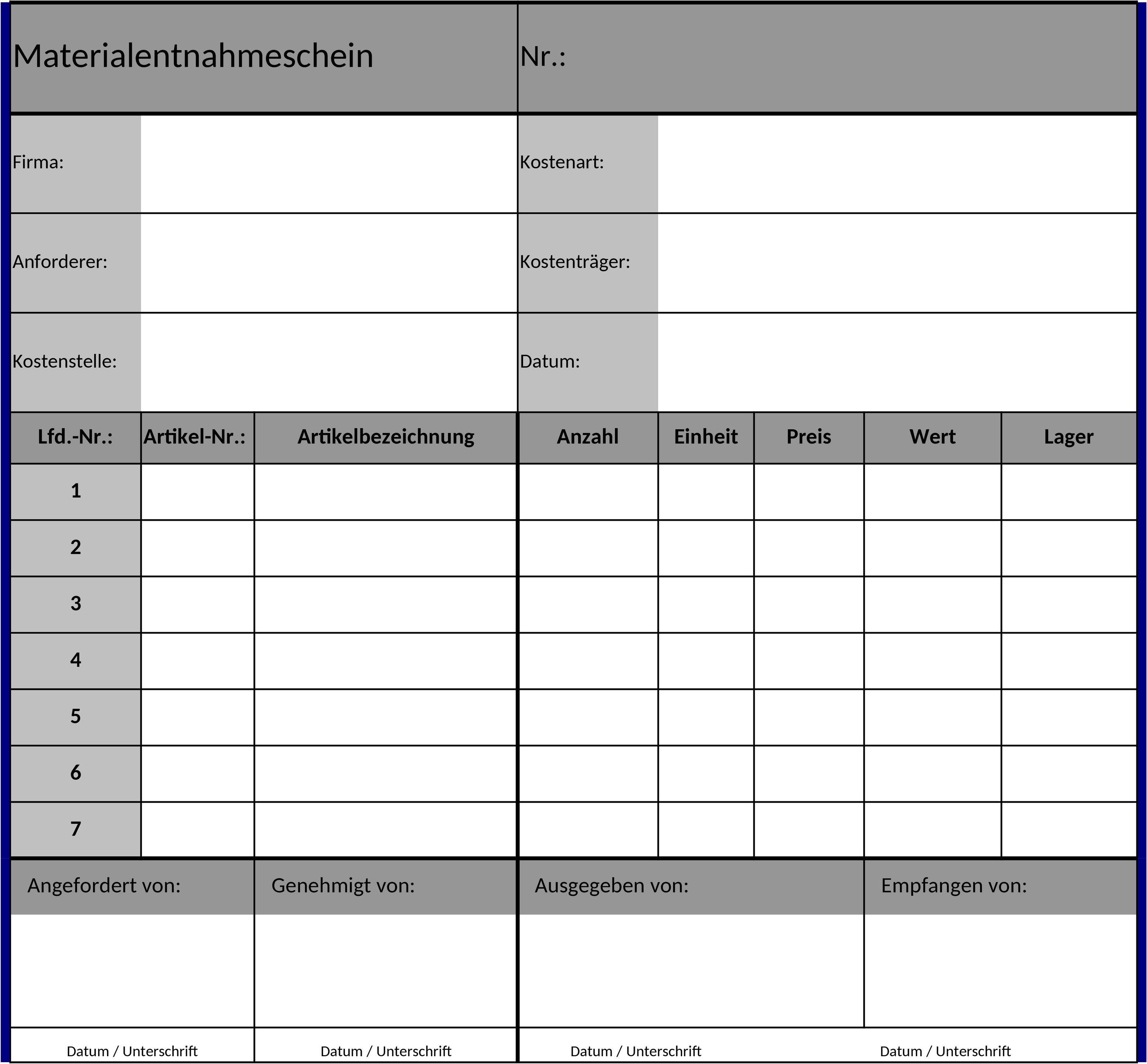 Excel-Vorlage Materialentnahmeschein für effizientes Bestandsmanagement
