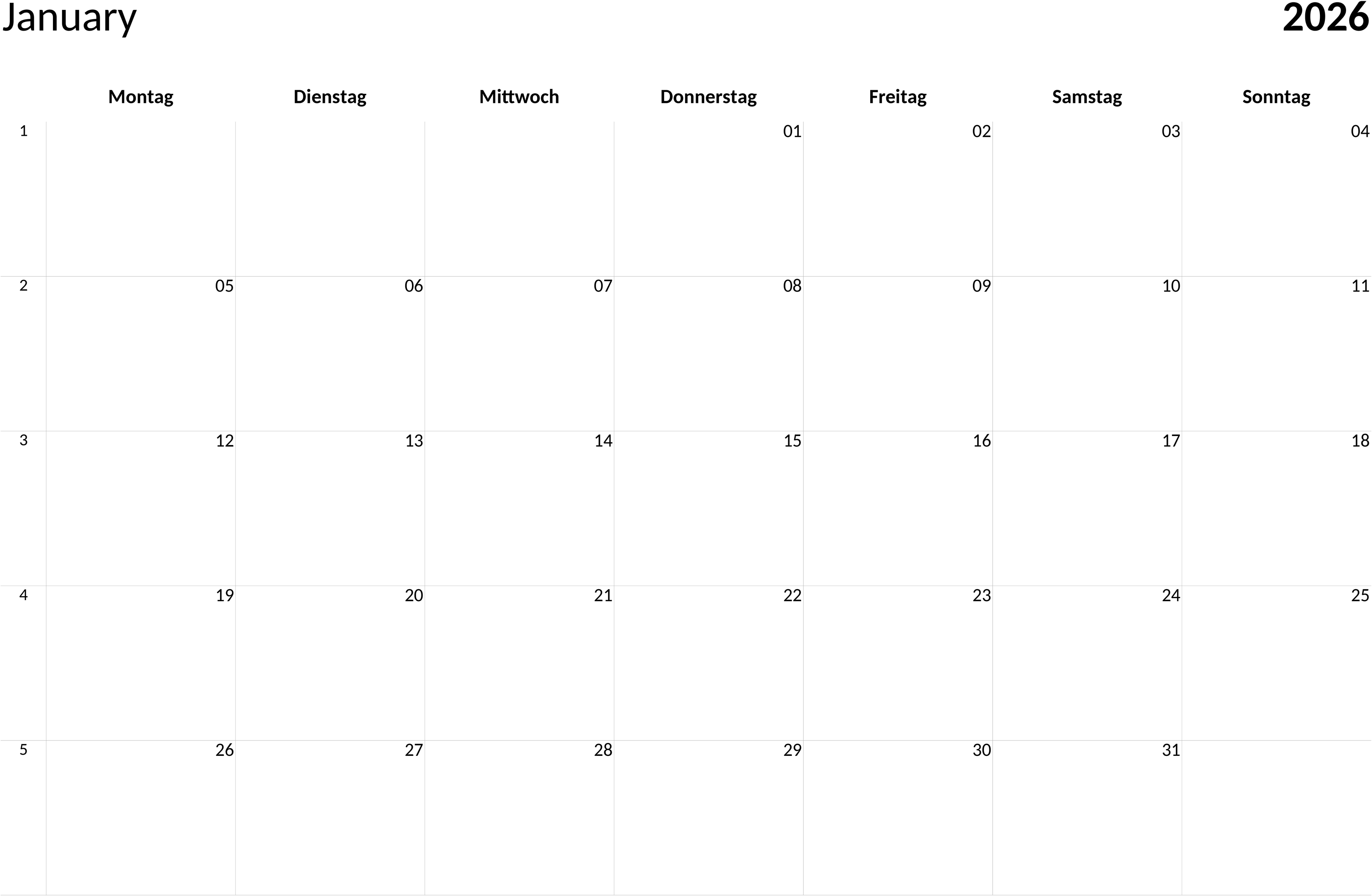 Excel-Vorlage: Minimalistischer Monatskalender 2026