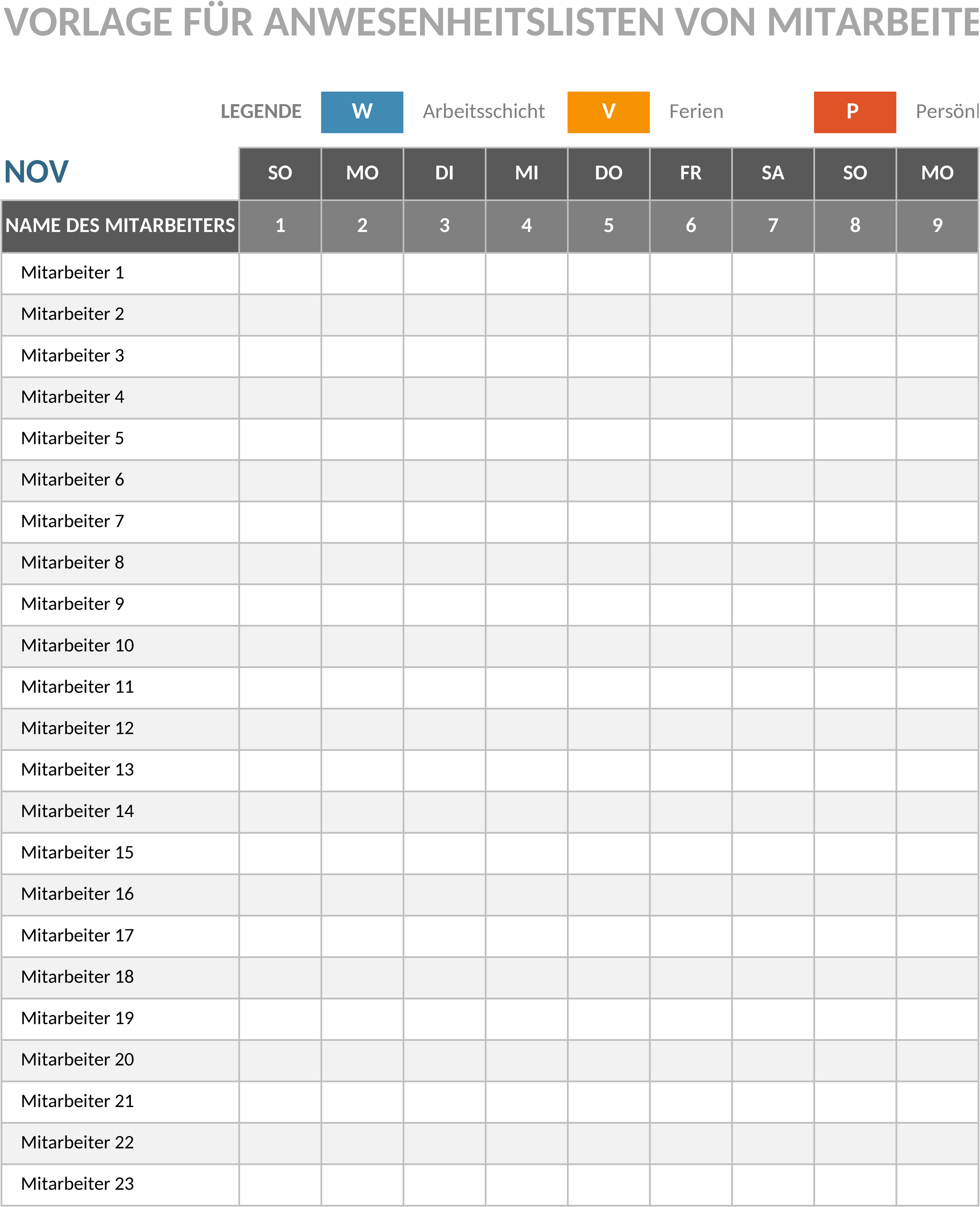 Excel-Vorlage: Mitarbeiter-Anwesenheitsliste