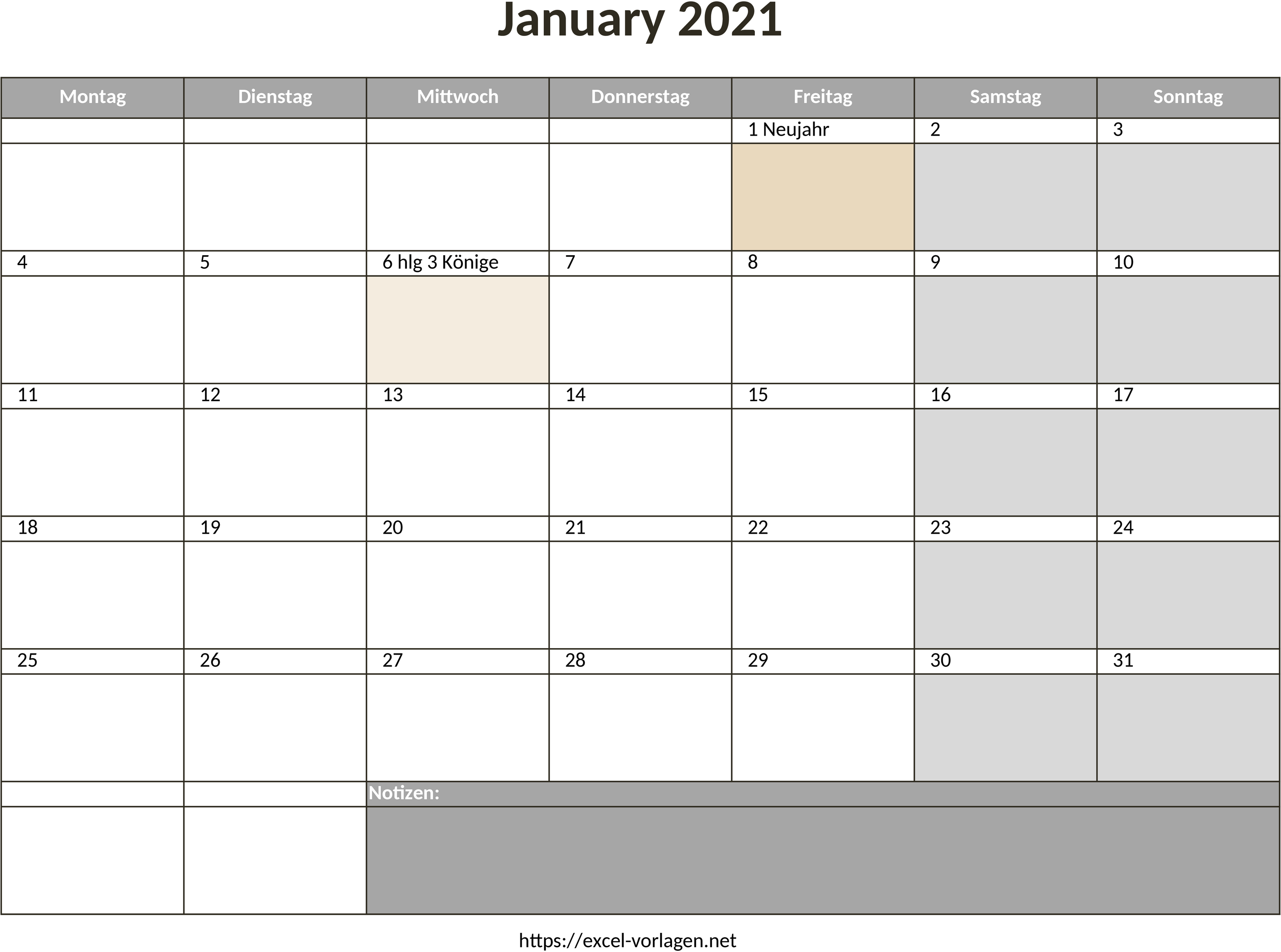 Excel-Vorlage für Monatskalender 2021