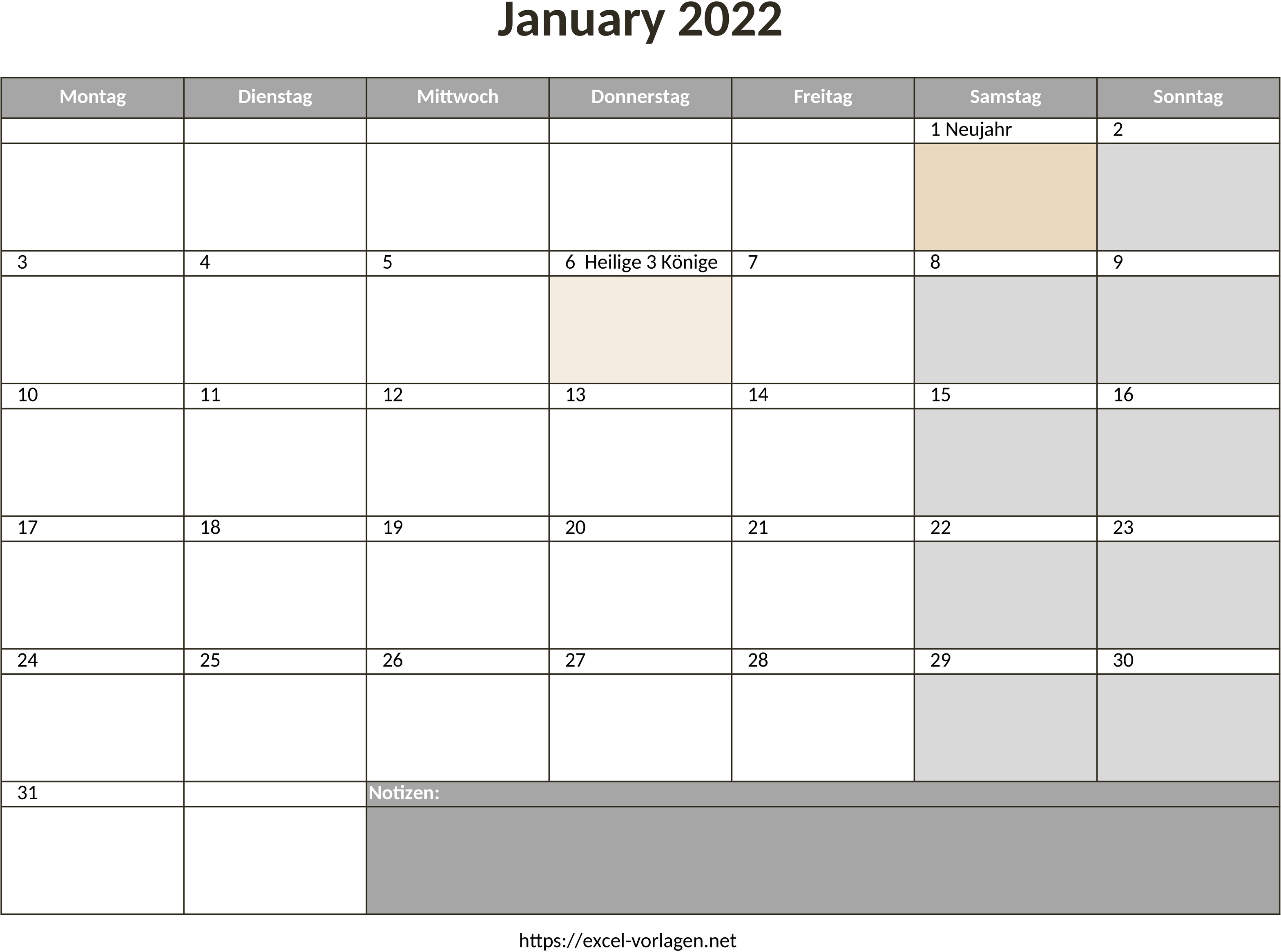 Excel-Vorlage für Monatskalender 2022