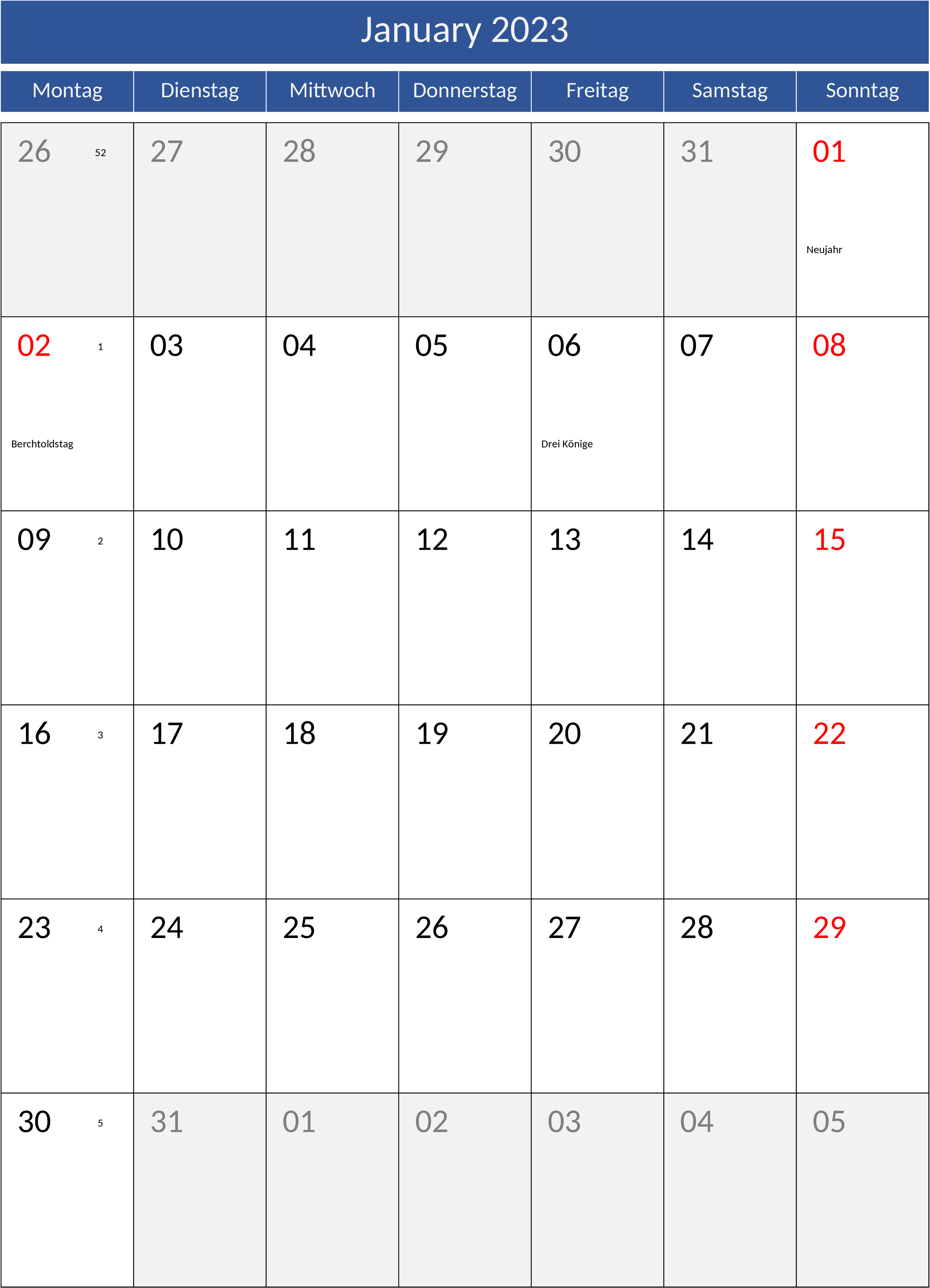 Excel-Vorlage: Monatskalender 2023 im Hochformat