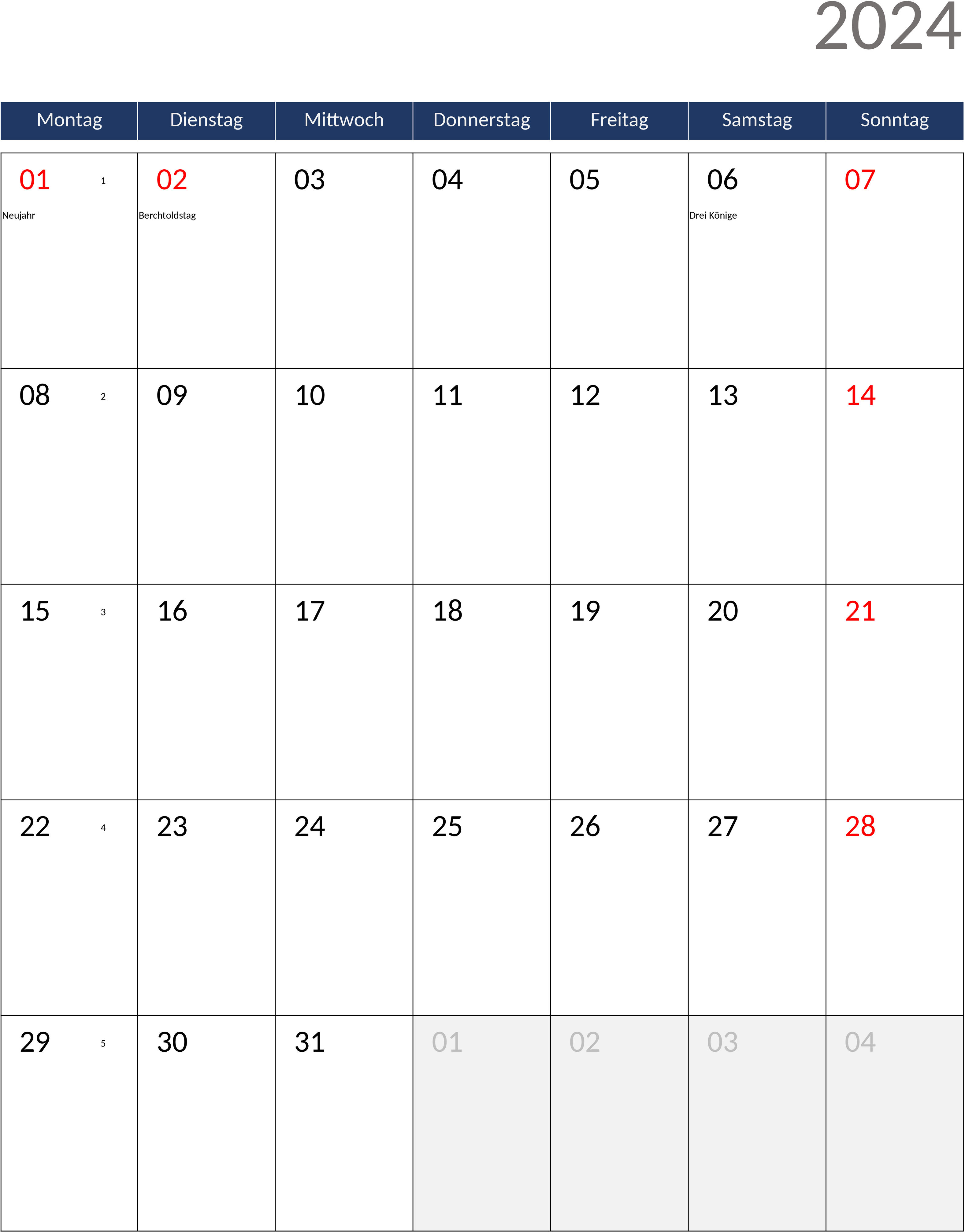 Excel-Vorlage Monatskalender 2024 Hochformat
