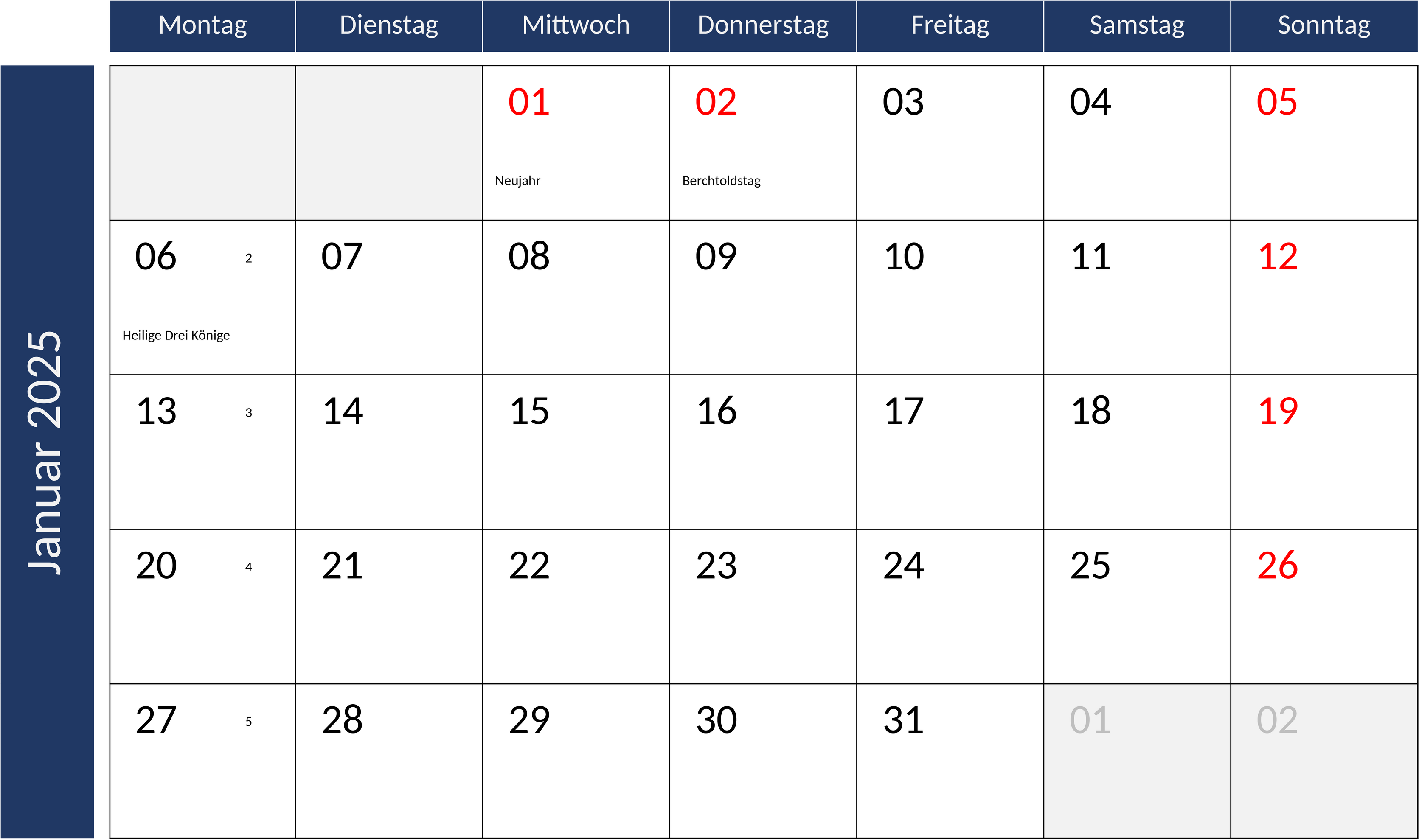 Excel-Vorlage für Monatskalender 2025 im Querformat