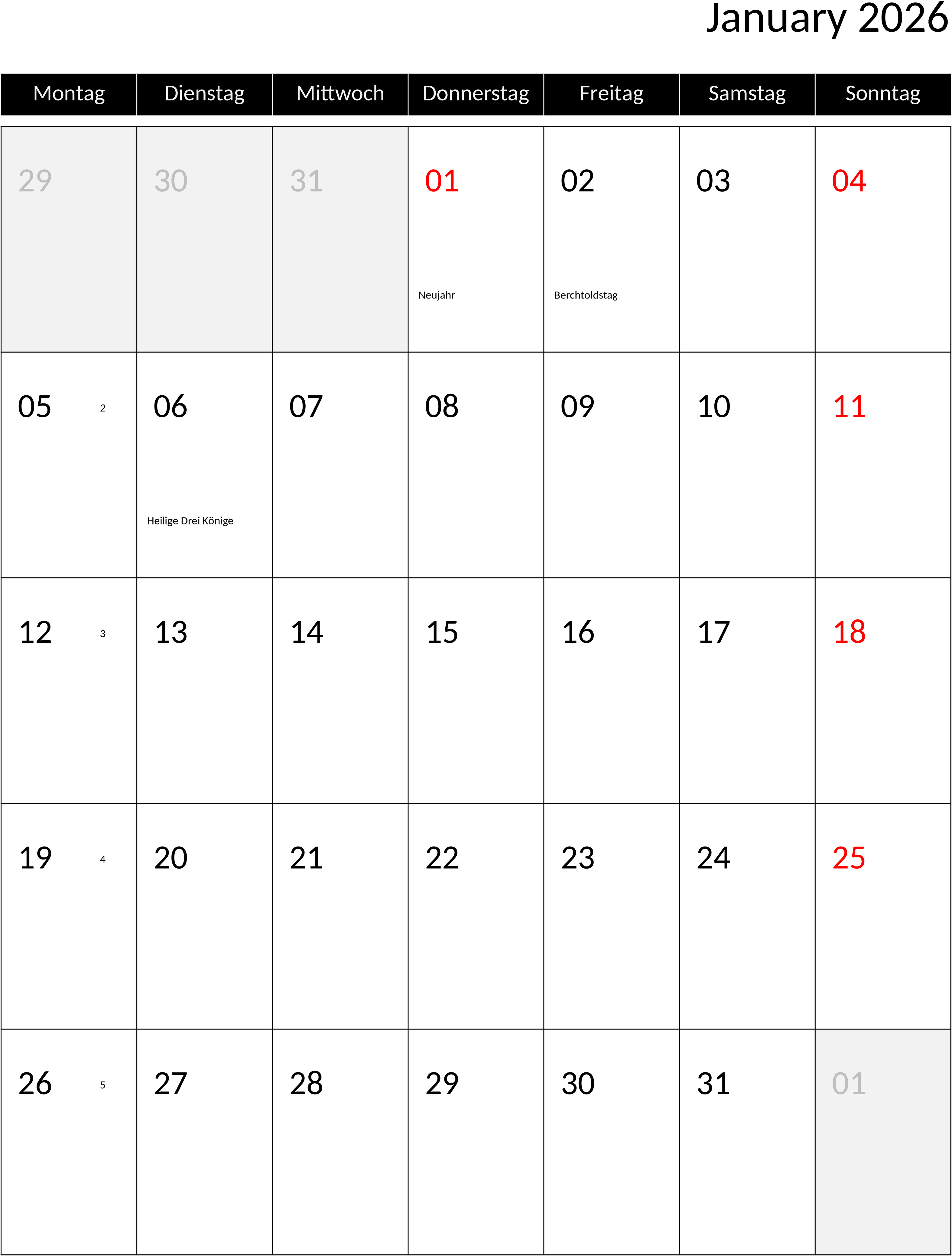 Excel-Vorlage: Monatskalender 2026 Hochformat