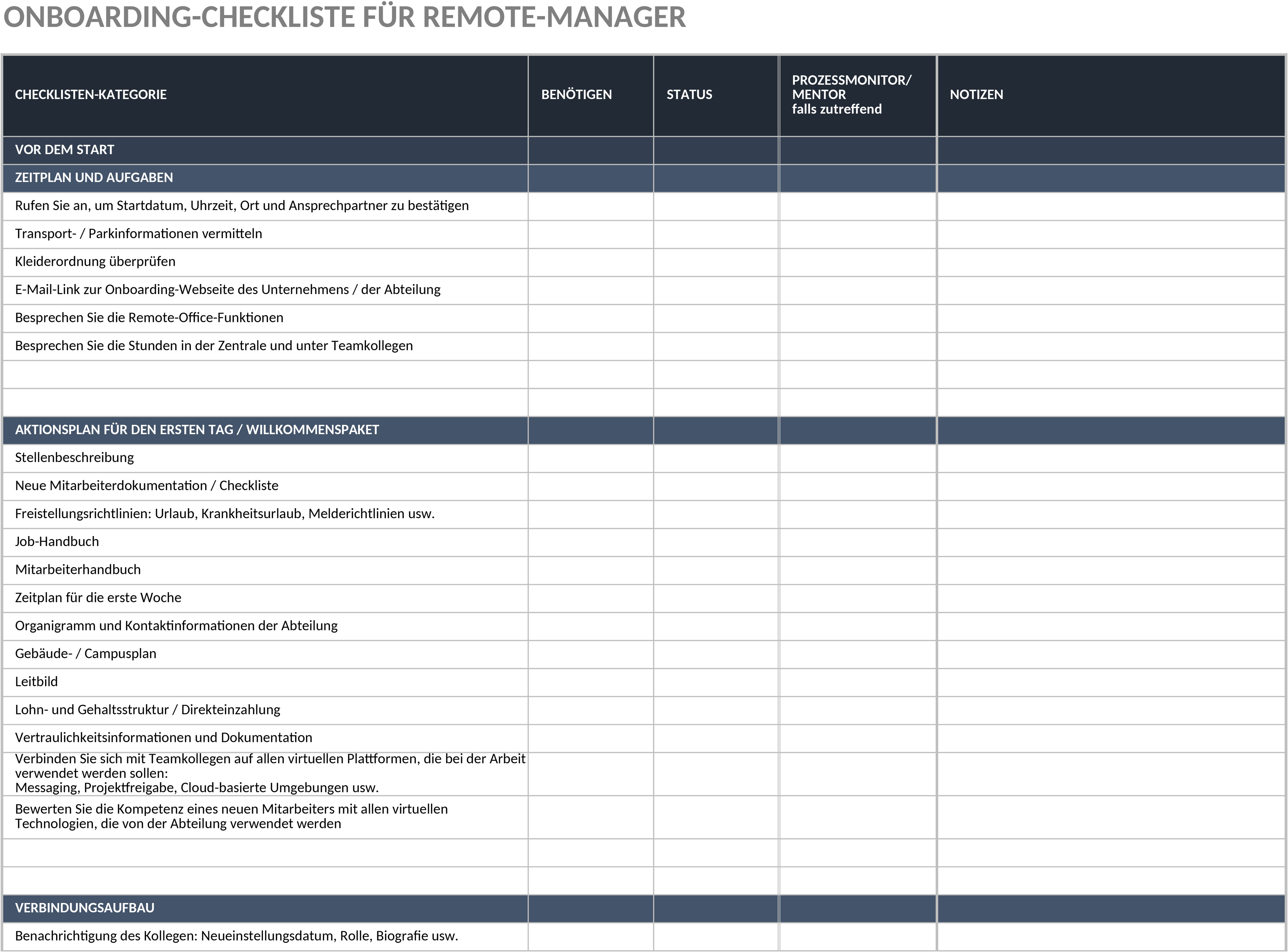 Excel-Vorlage für Onboarding-Checkliste für Remote-Manager