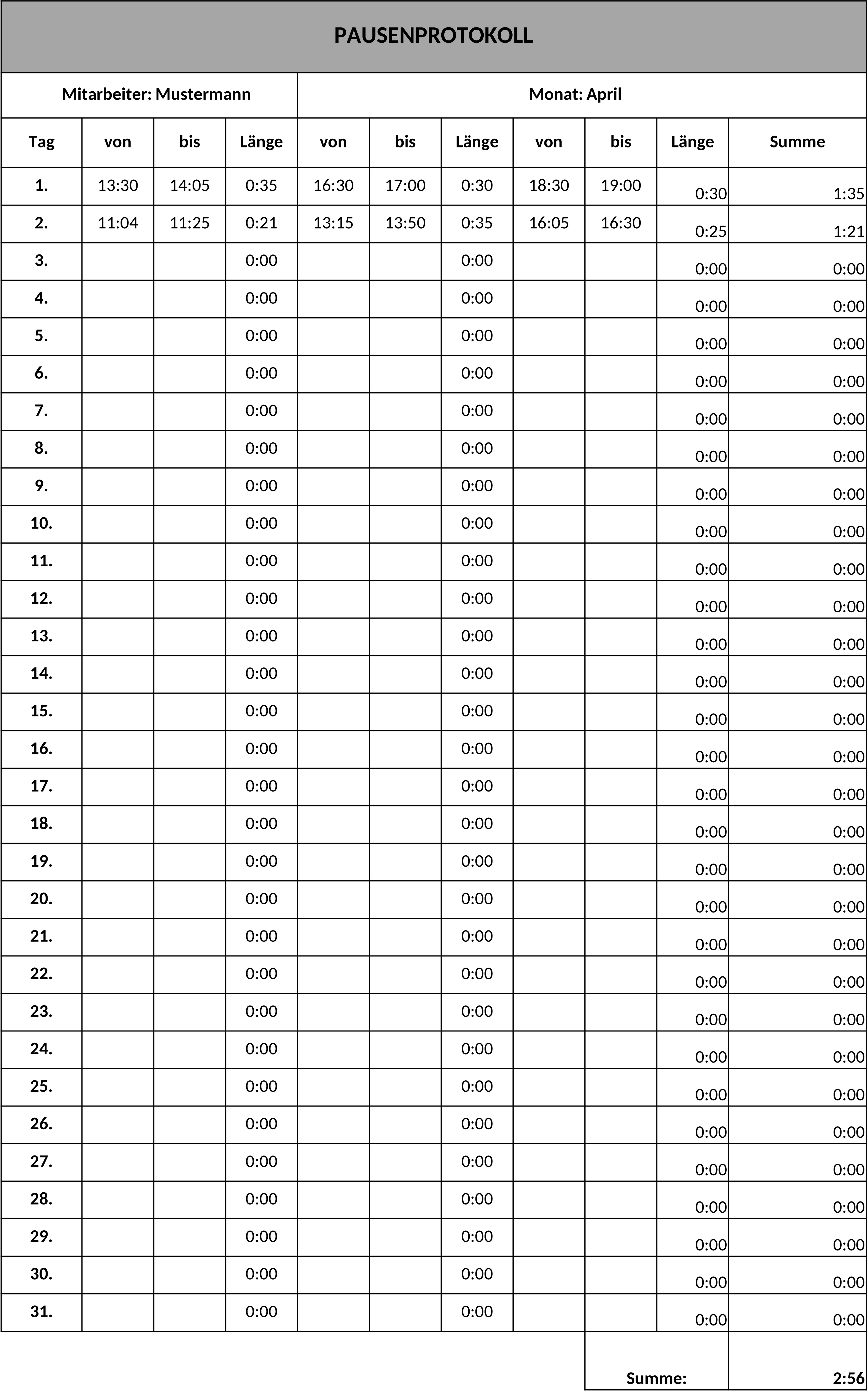 Excel-Vorlage für Pausenplan-Protokollierung