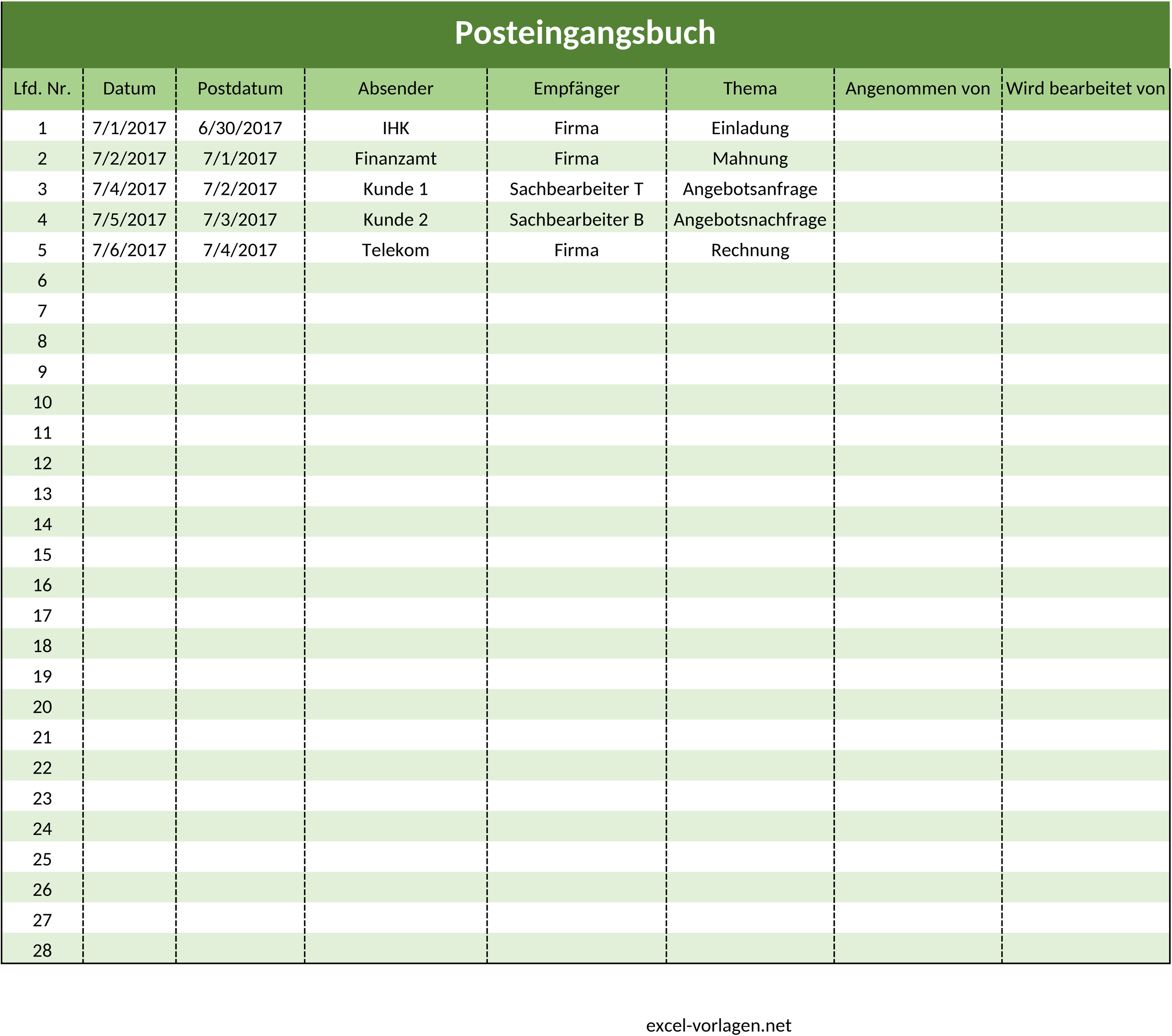 Excel-Vorlage für Posteingangsbuch und Dokumentenverwaltung