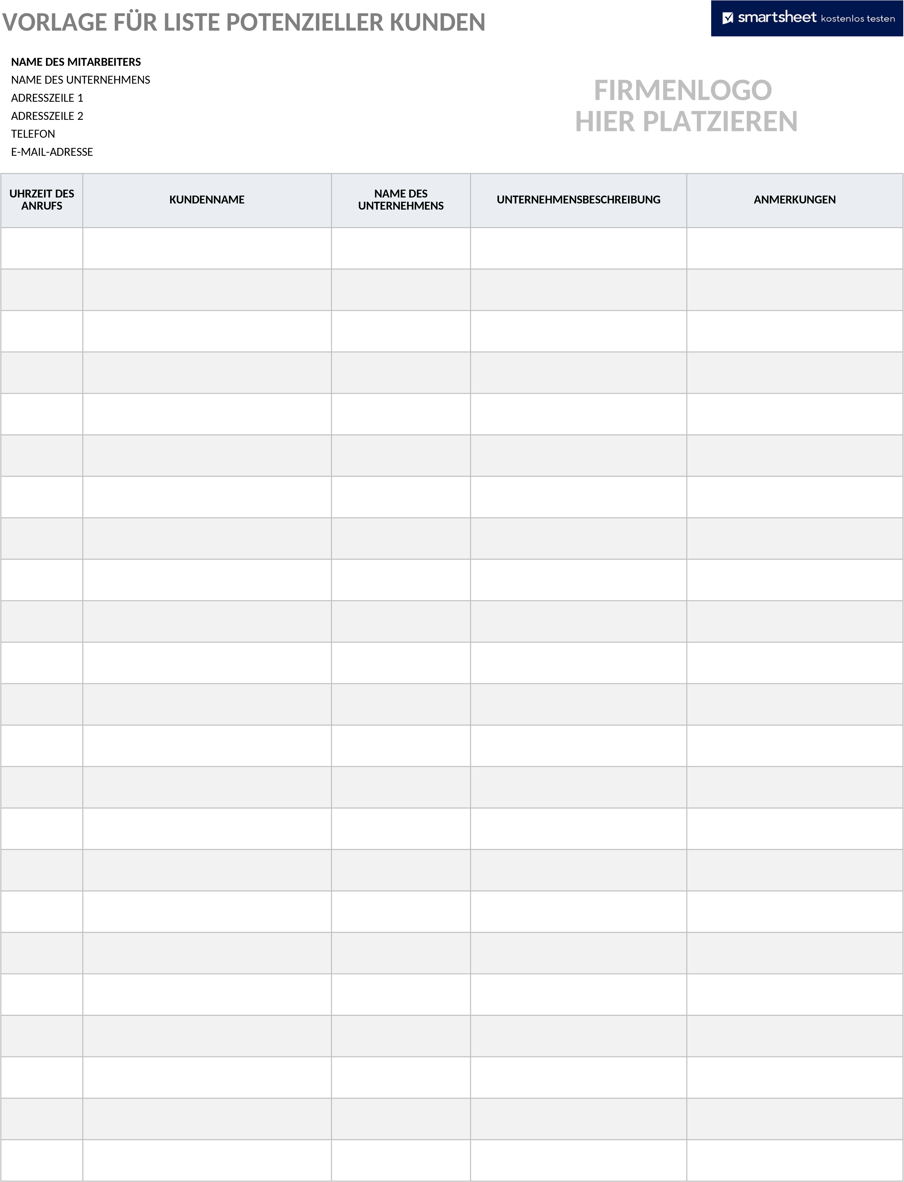 Excel-Vorlage für Potenzielle Kundenliste