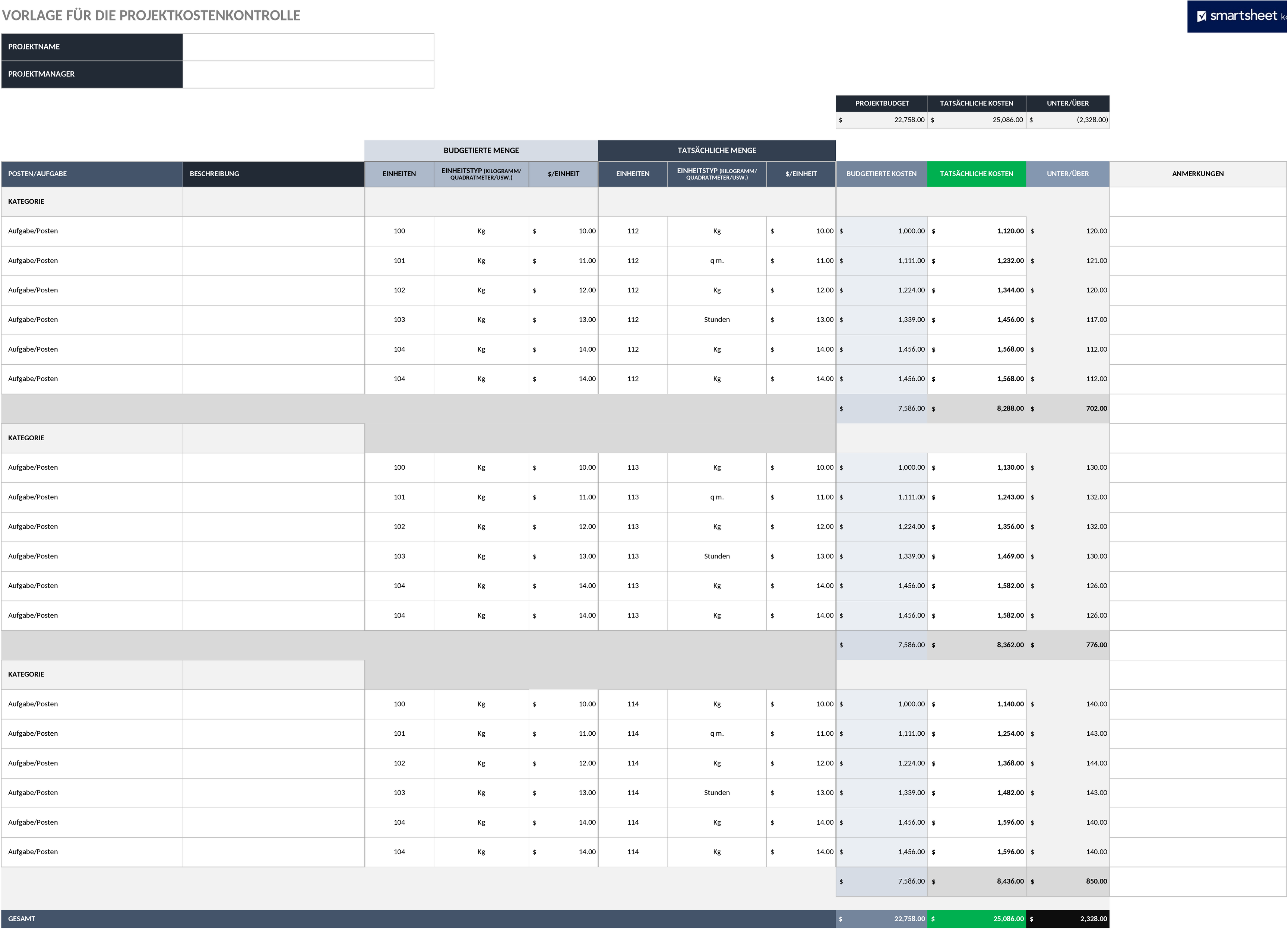 Excel-Vorlage zur Projektkostenkontrolle