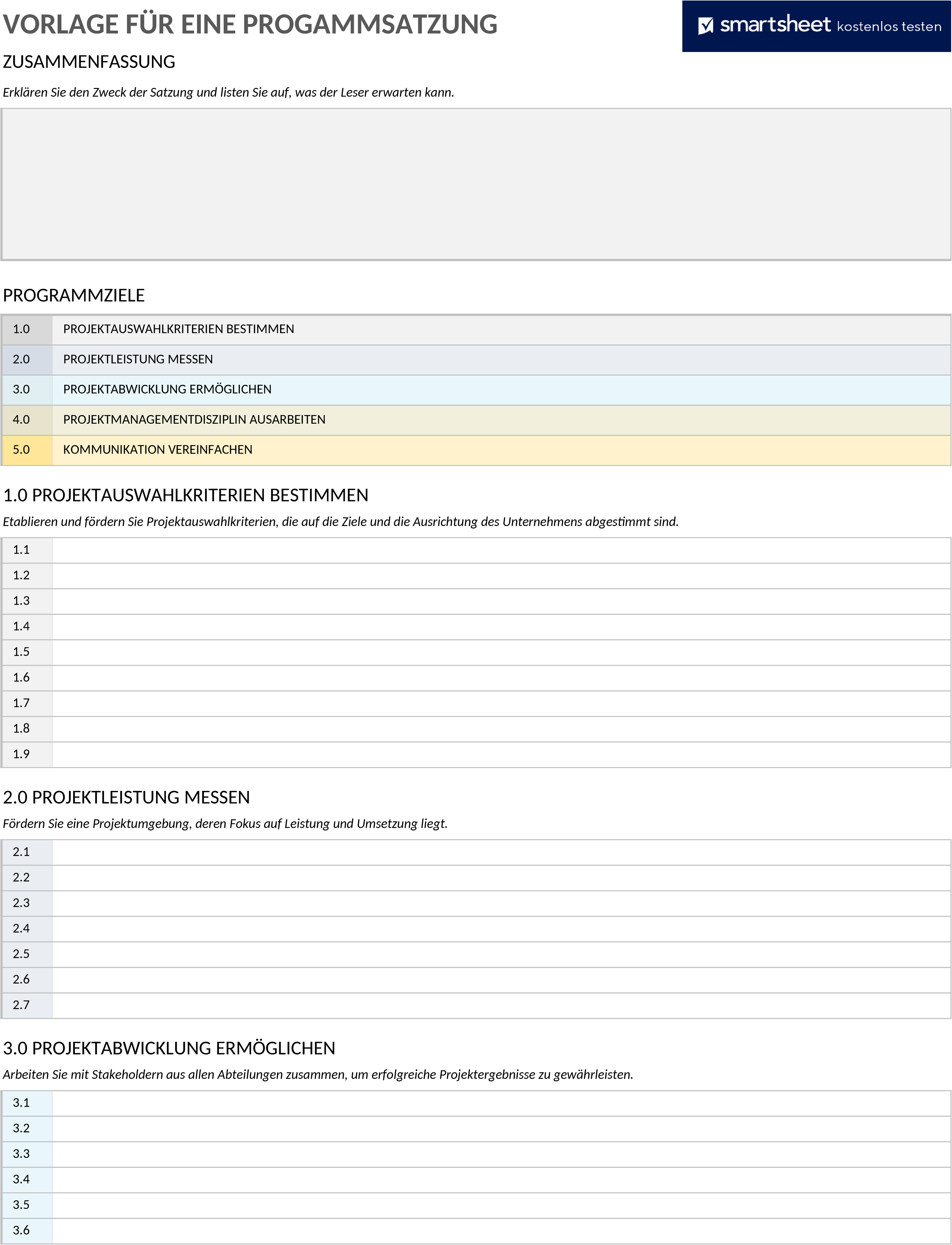 Excel-Vorlage für Projektmanagement-Charter