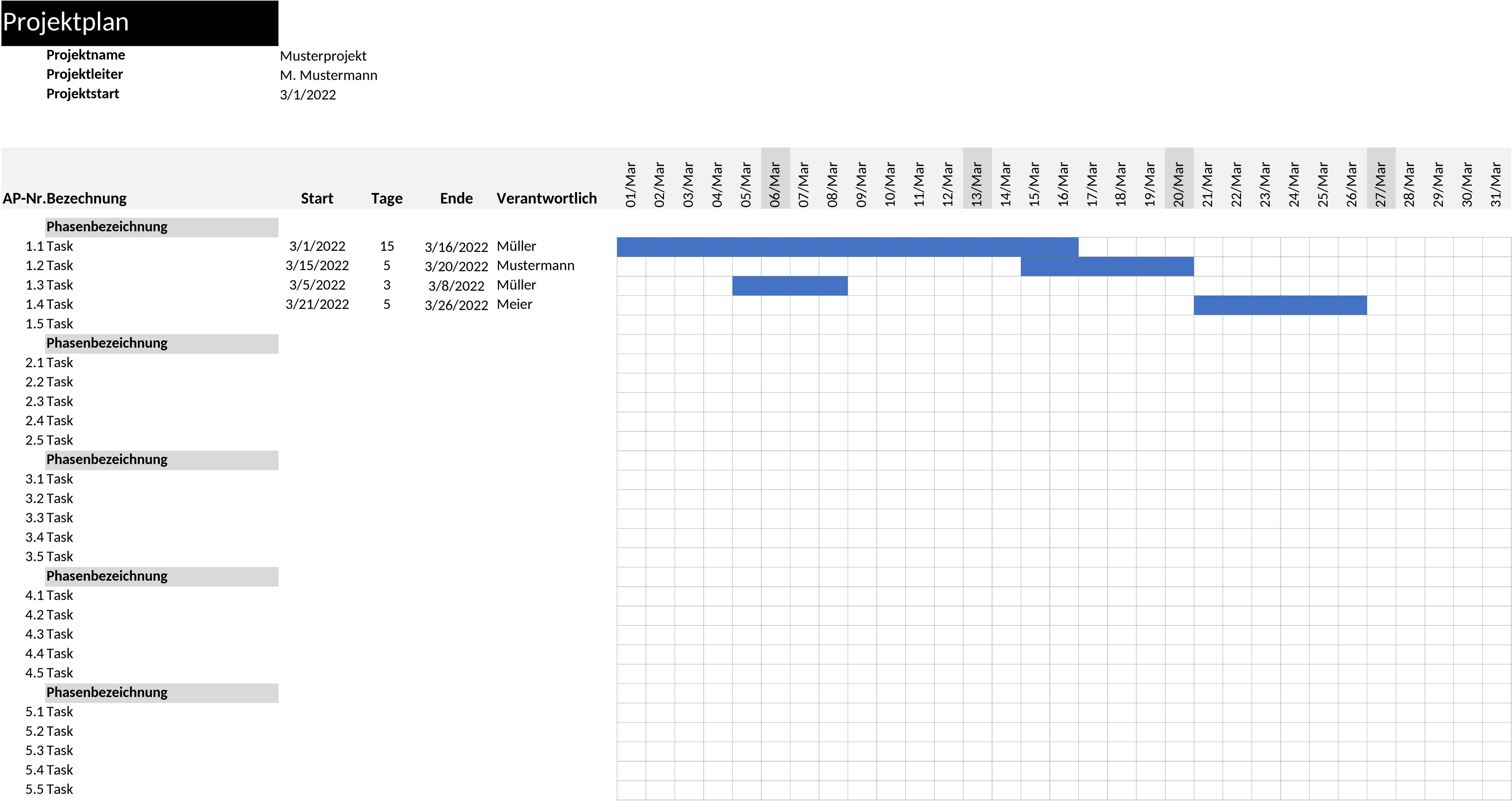 Excel-Vorlage für Projektplanung mit Gantt-Diagramm