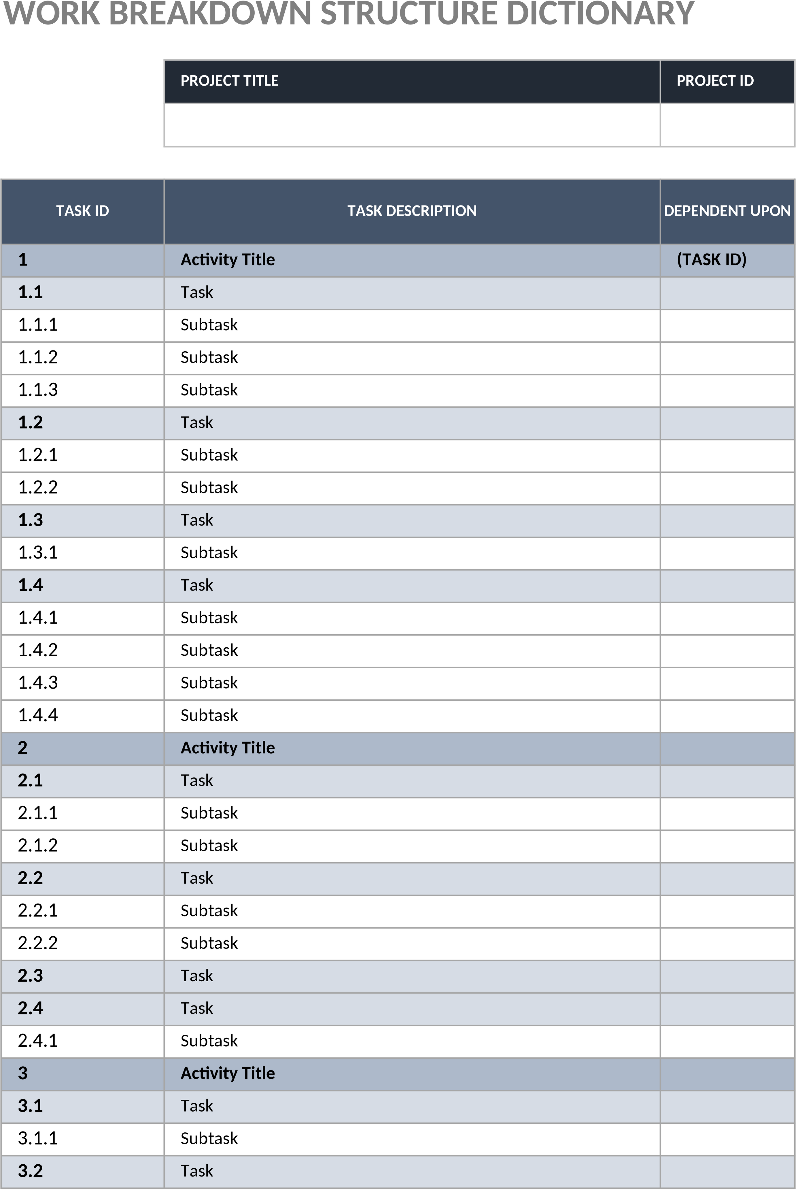 Excel-Vorlage für Projektstrukturplan-Wörterbuch