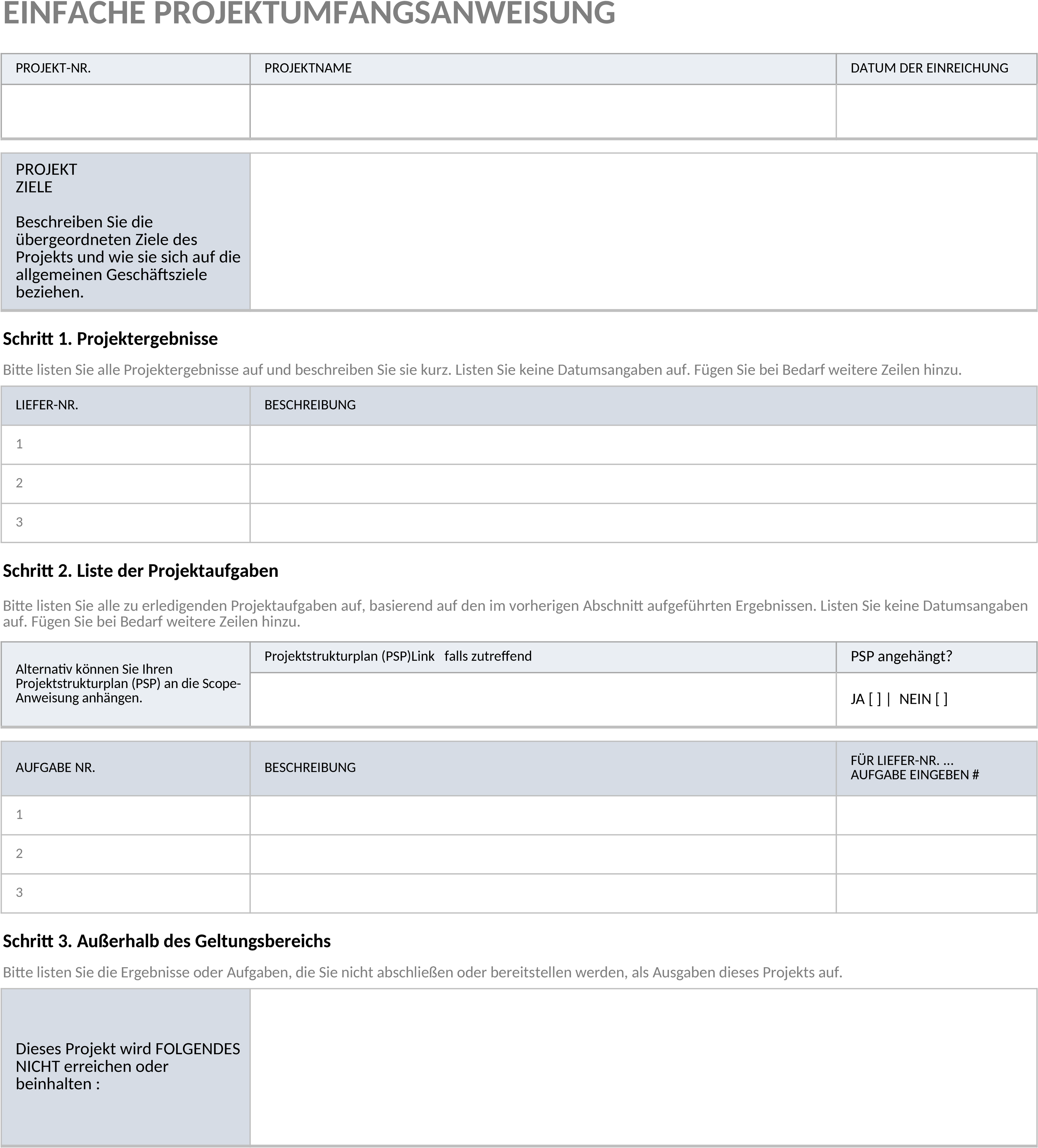Excel-Vorlage für Projektumfangsdefinition