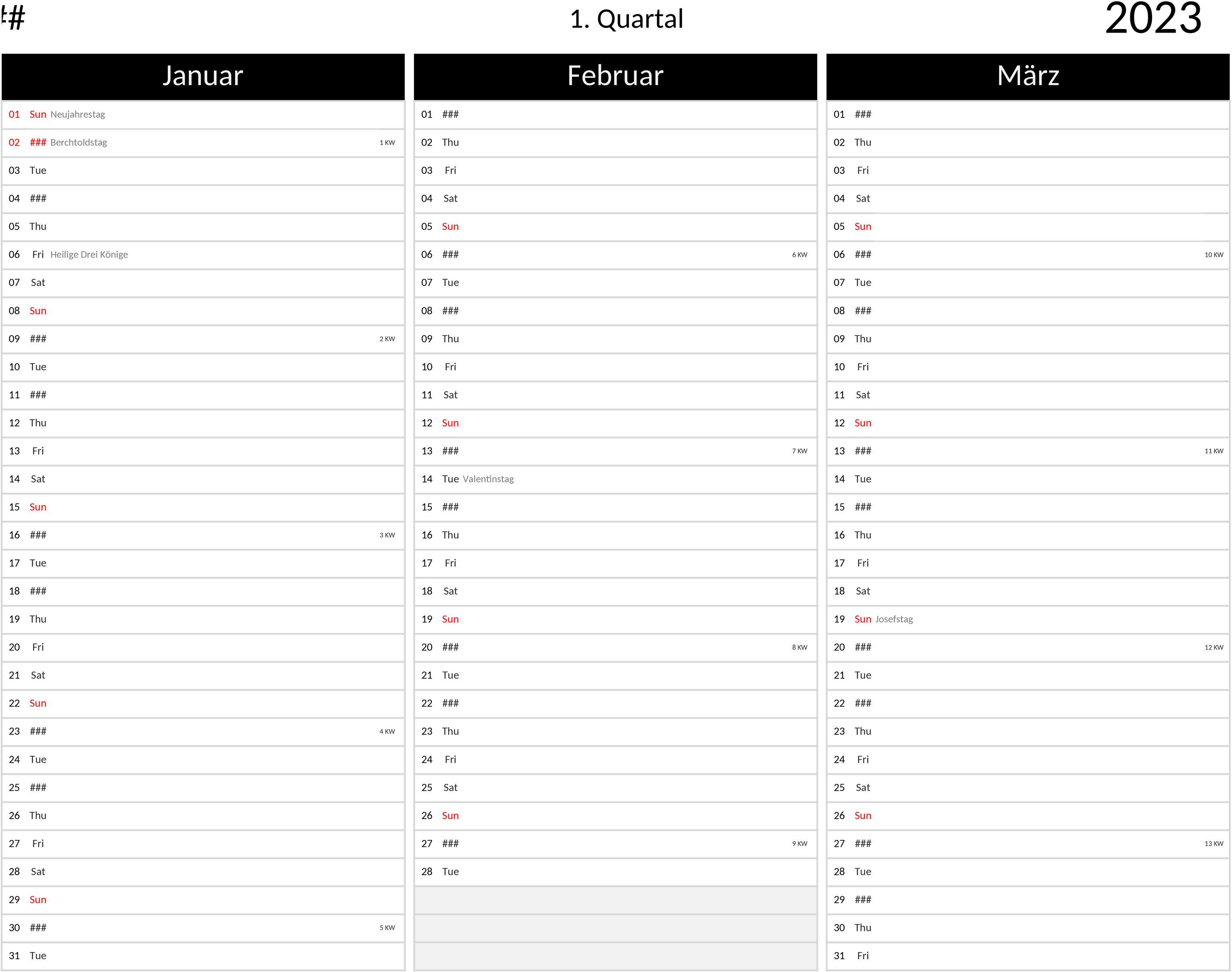 Quartalskalender Excel-Vorlage 2023 im Querformat