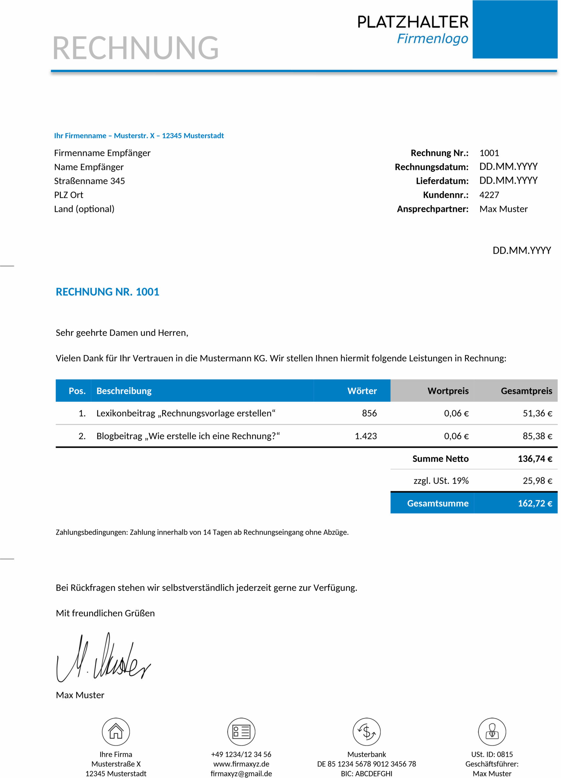 Rechnungsvorlage für Freiberufler im Word-Format