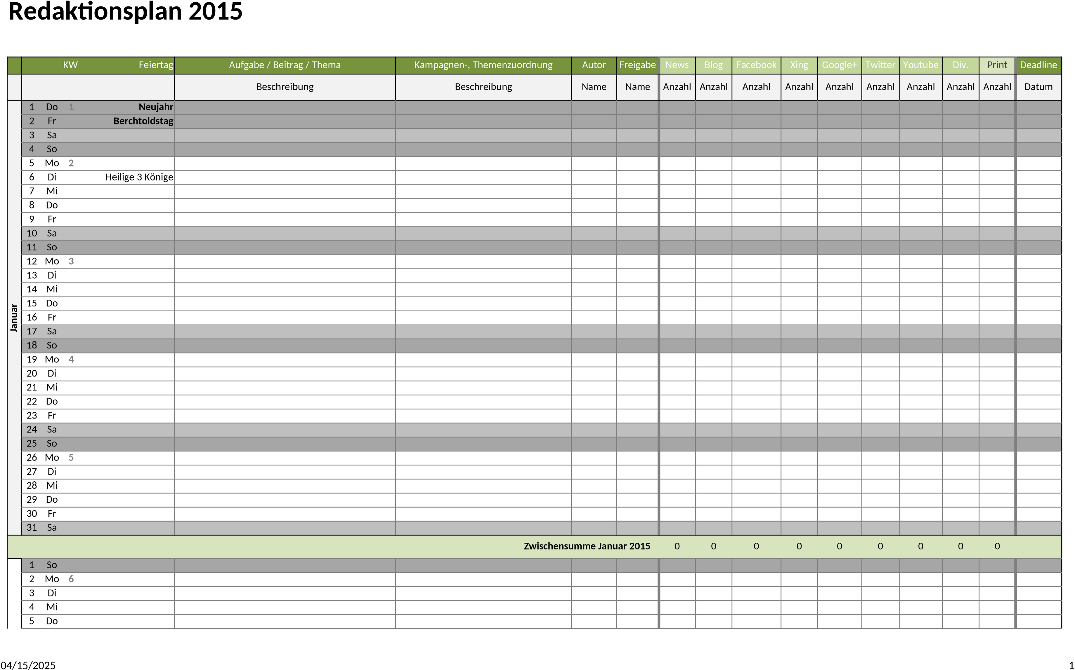 Excel-Redaktionsplan Vorlage 2015 für Content-Strategien