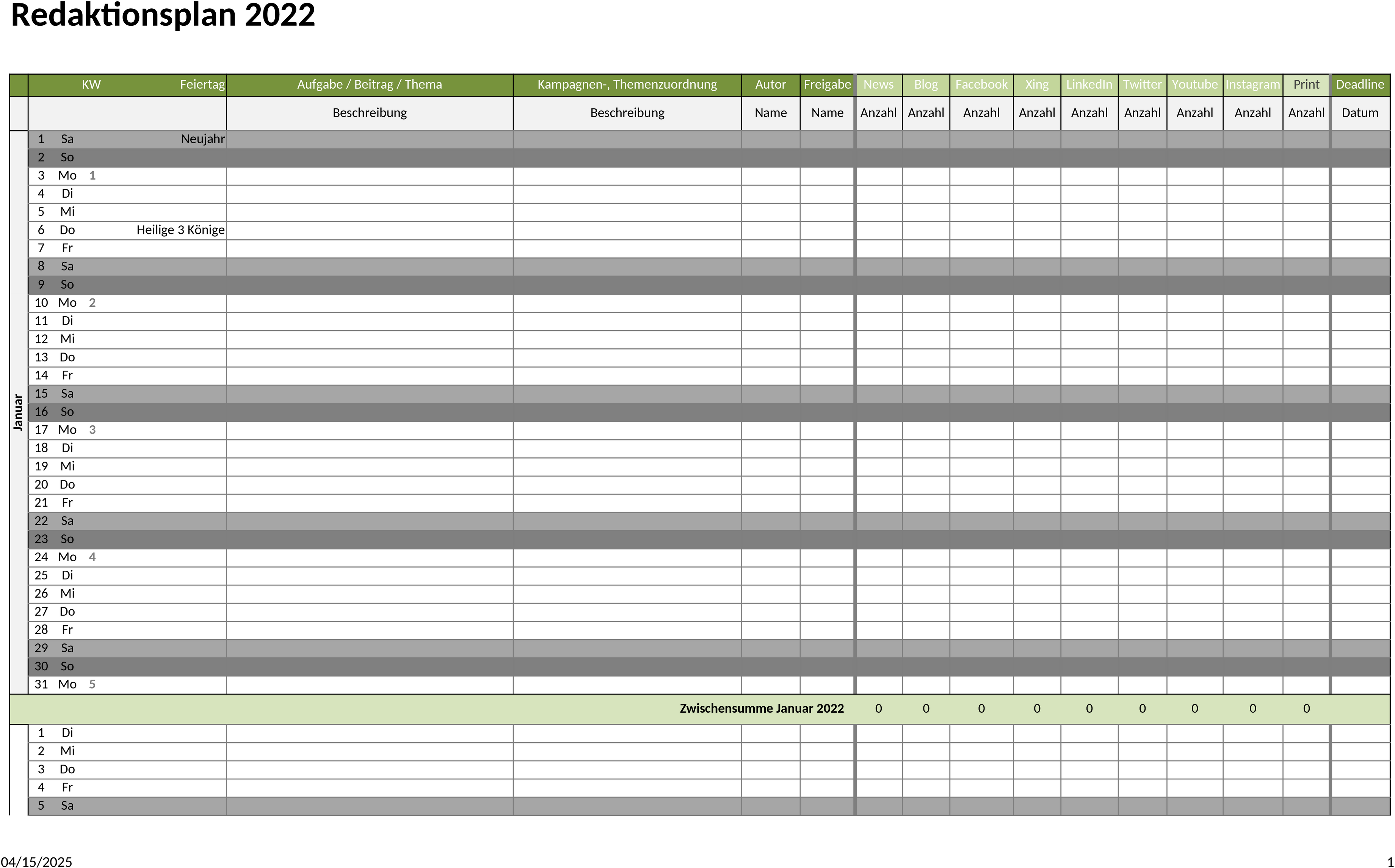 Excel-Vorlage für Redaktionsplanung 2022