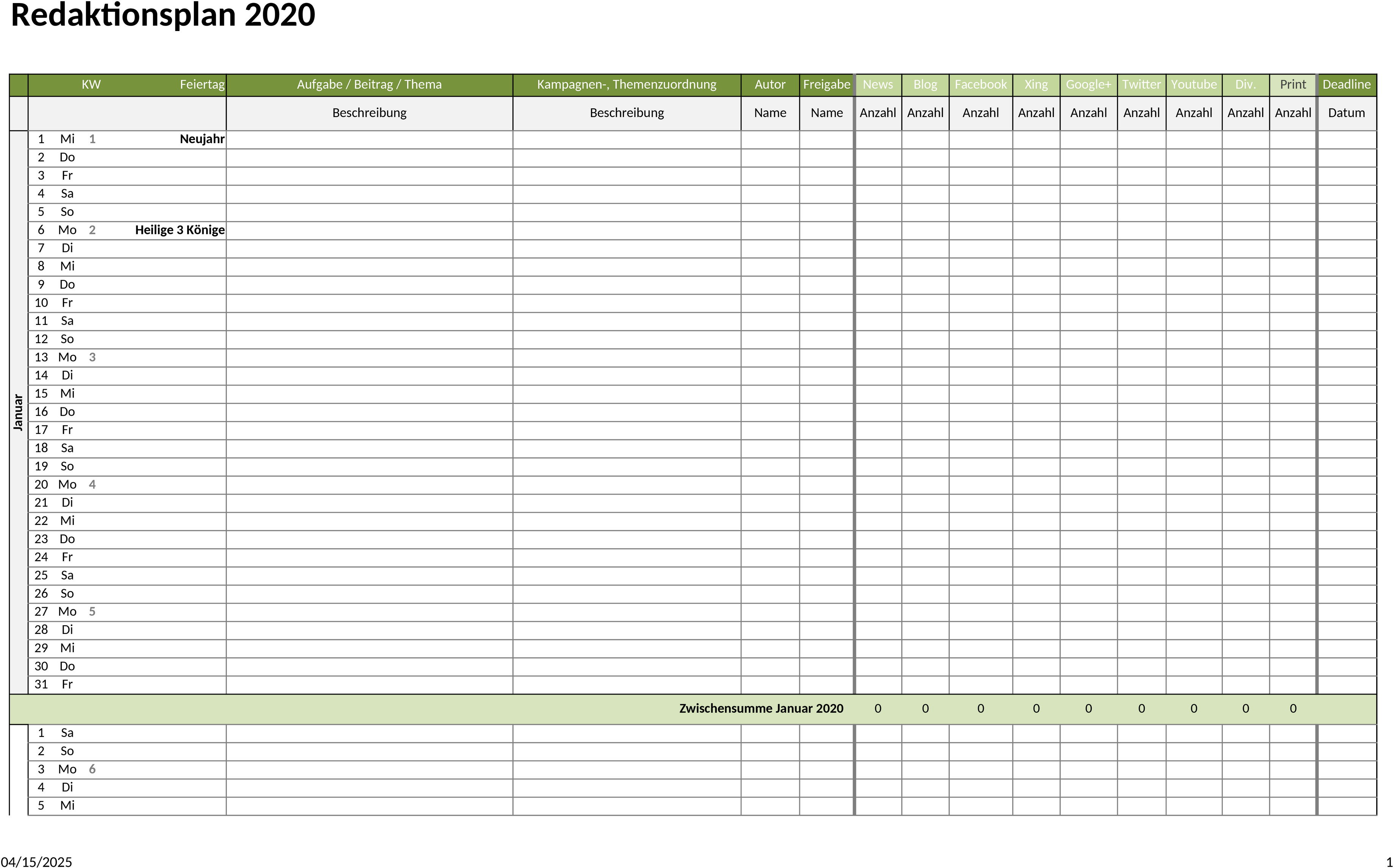 Excel-Vorlage Redaktionsplan 2023 für Content-Management