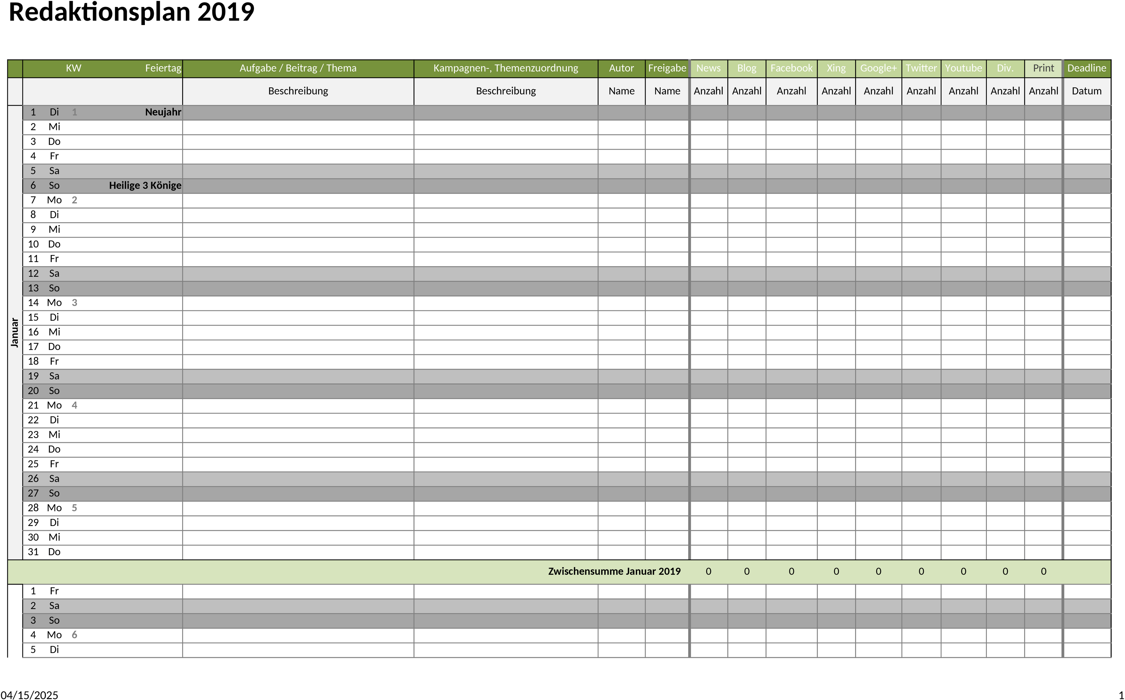 Excel-Vorlage für Redaktionsplanung 2023