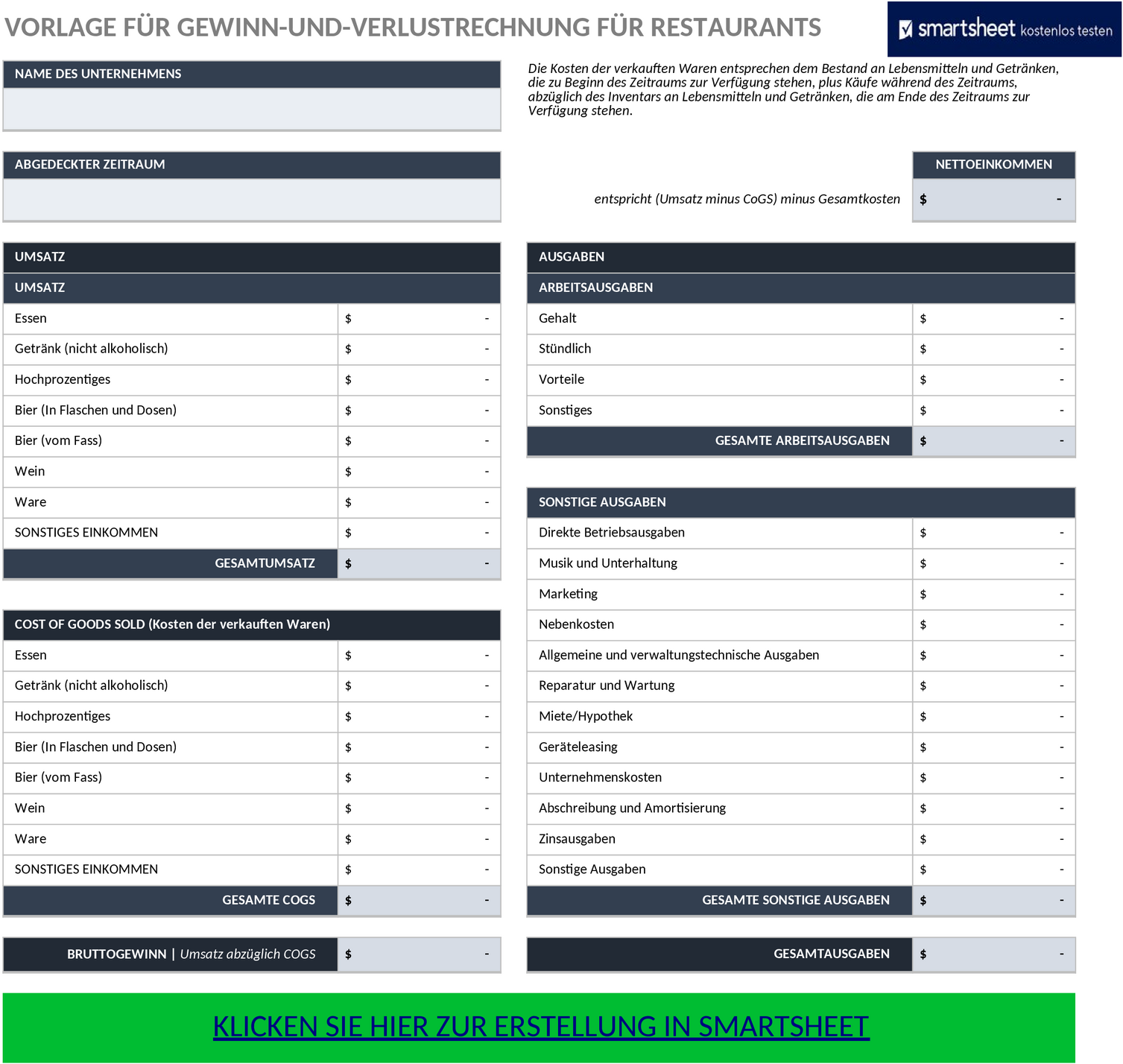 Excel-Vorlage für Gewinn- und Verlustrechnung im Restaurant