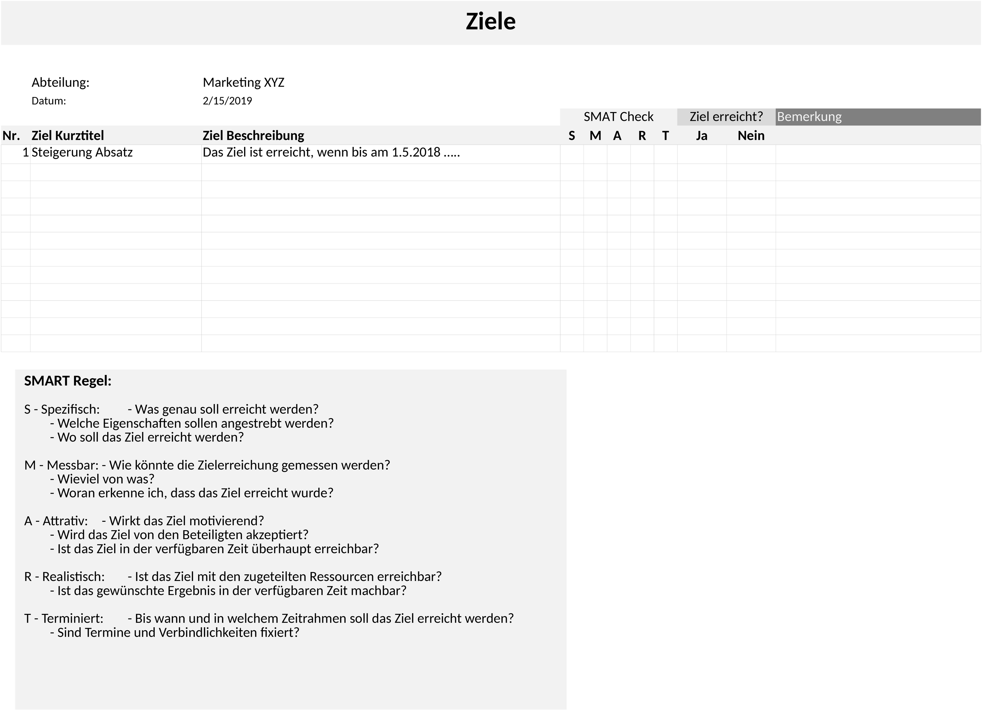 SMART Ziele Vorlage Excel für Projektmanagement