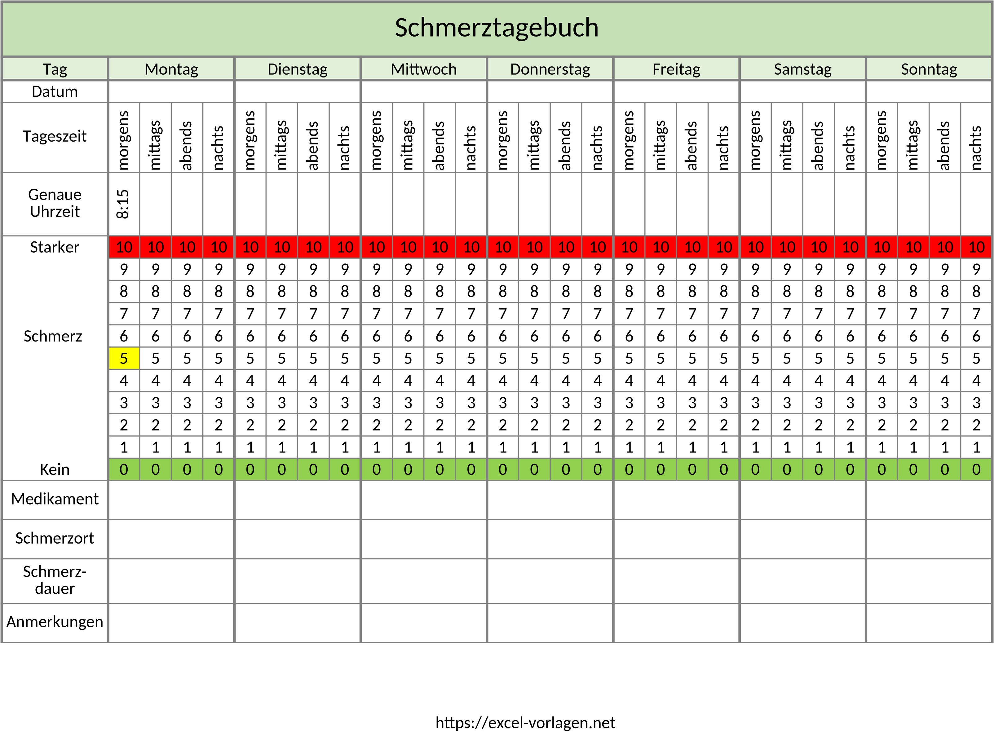 Excel-Vorlage für Schmerzmanagement-Tagebuch