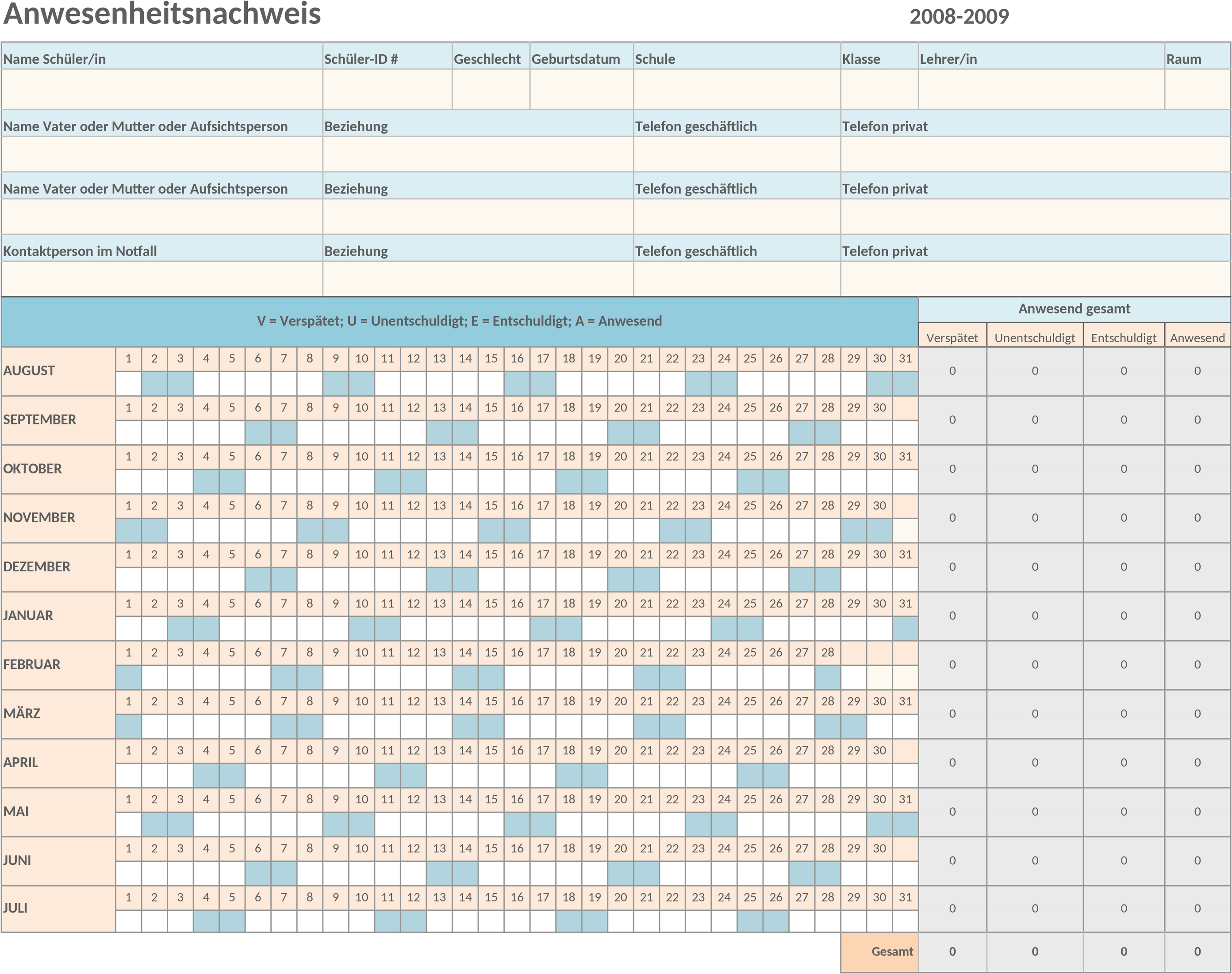 Excel-Vorlage für Schüleranwesenheitsnachweis