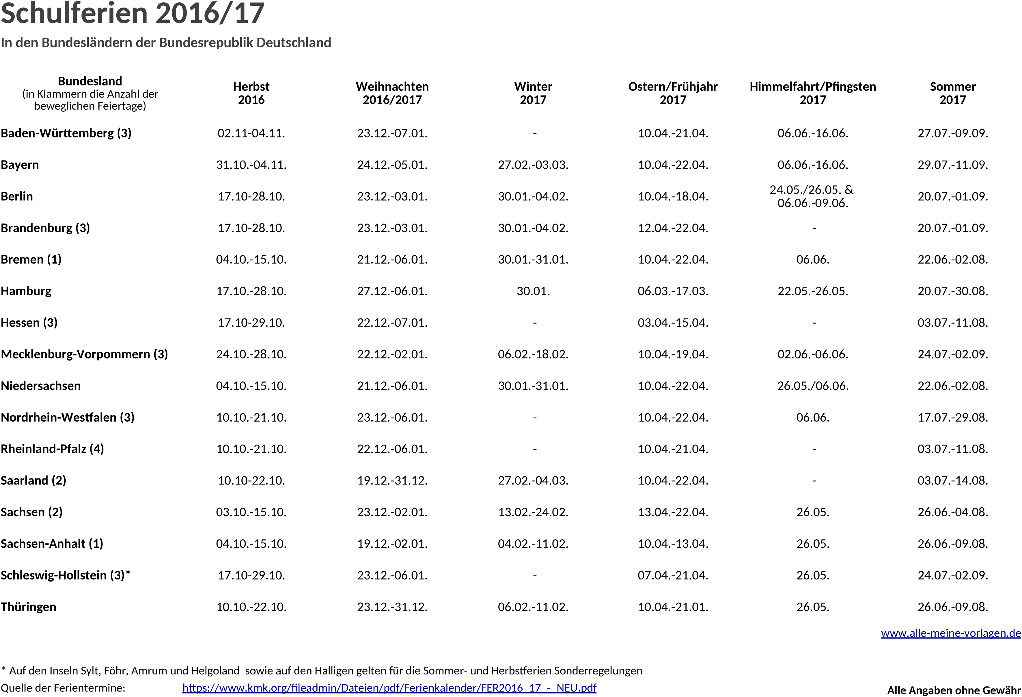 Excel-Vorlage für Schulferien 2016/2017