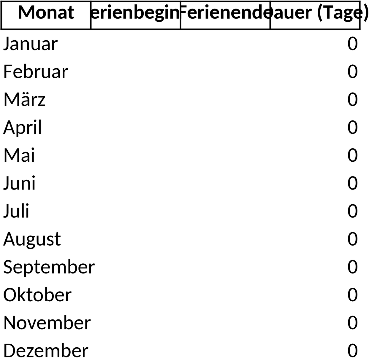 Excel-Vorlage Schulferien Kalender 2025 für Baden-Württemberg