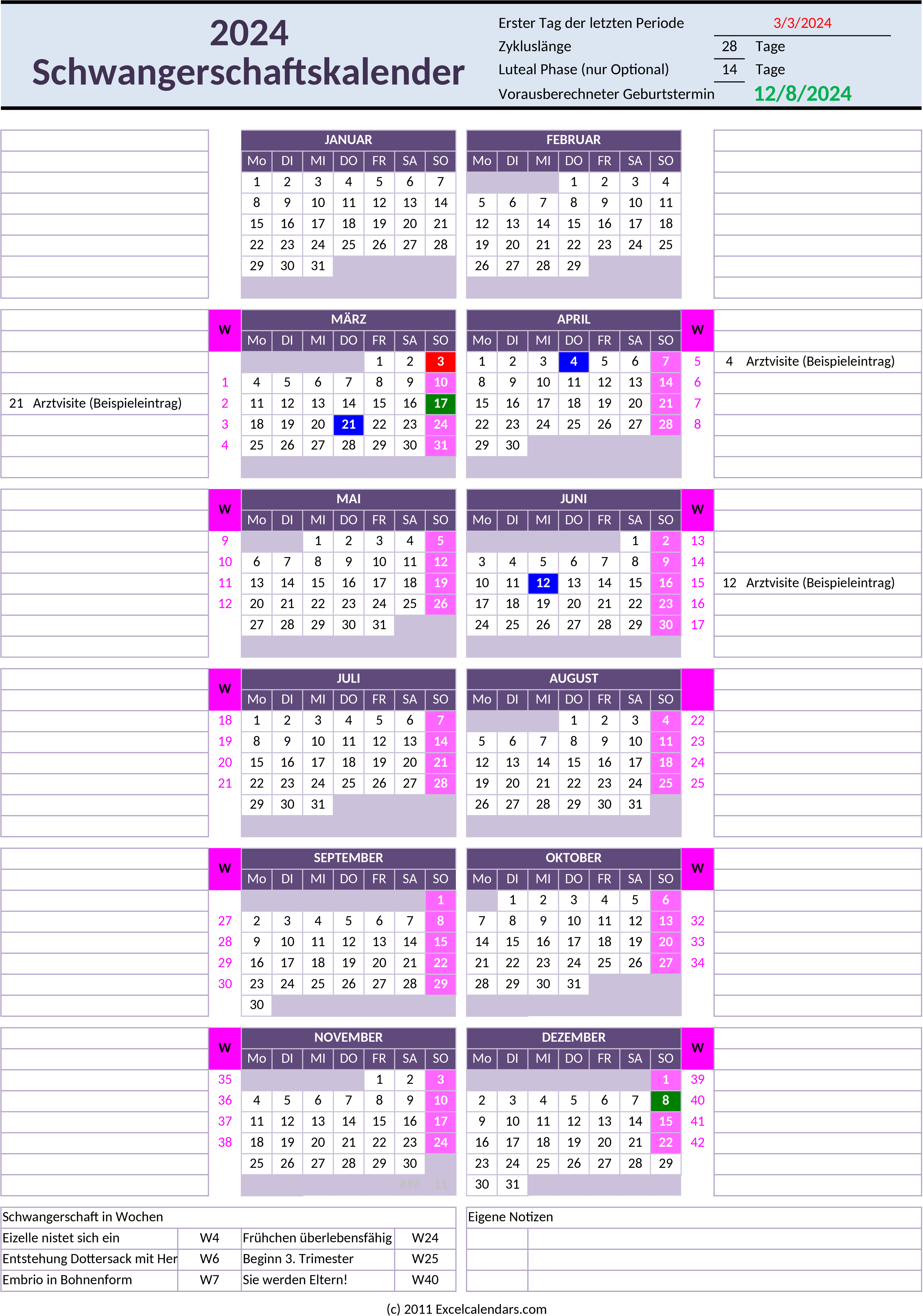Excel-Vorlage Schwangerschaftskalender für werdende Eltern