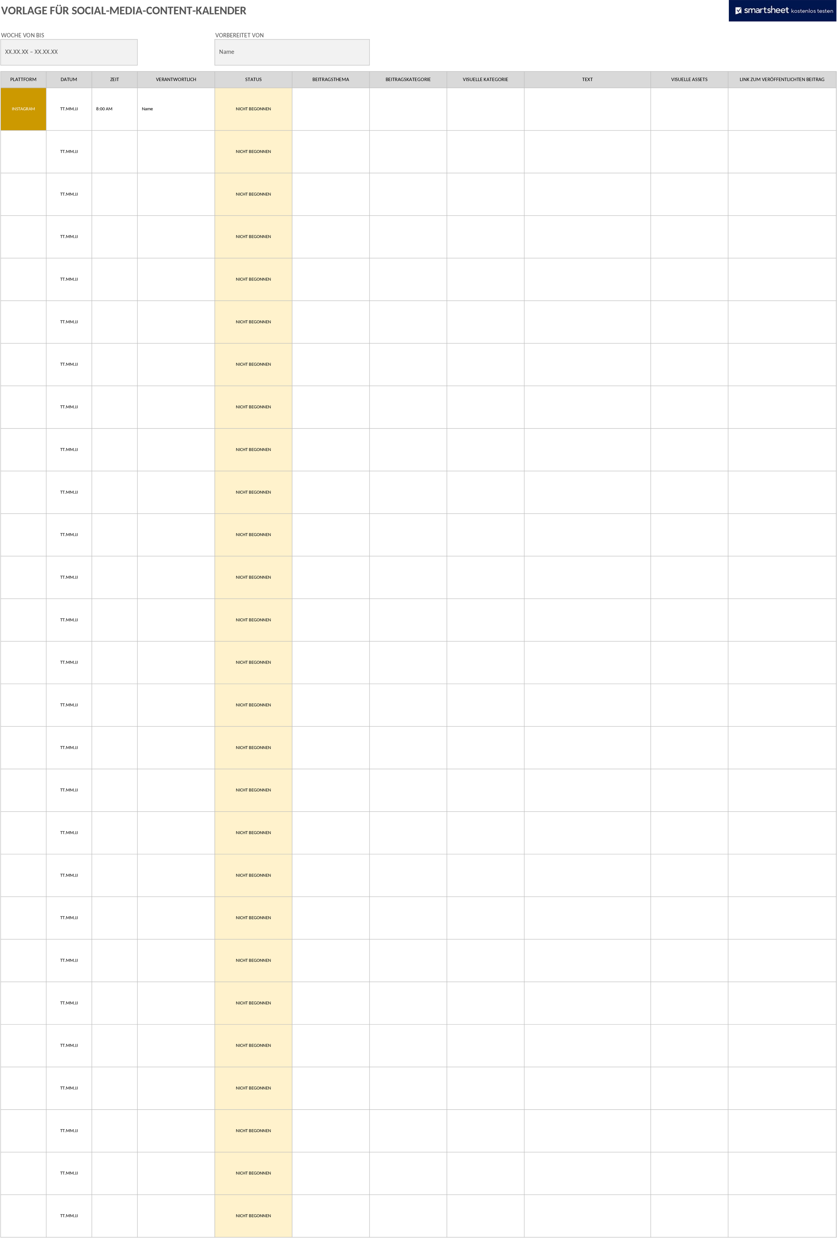 Excel-Vorlage für Social Media Content Kalender